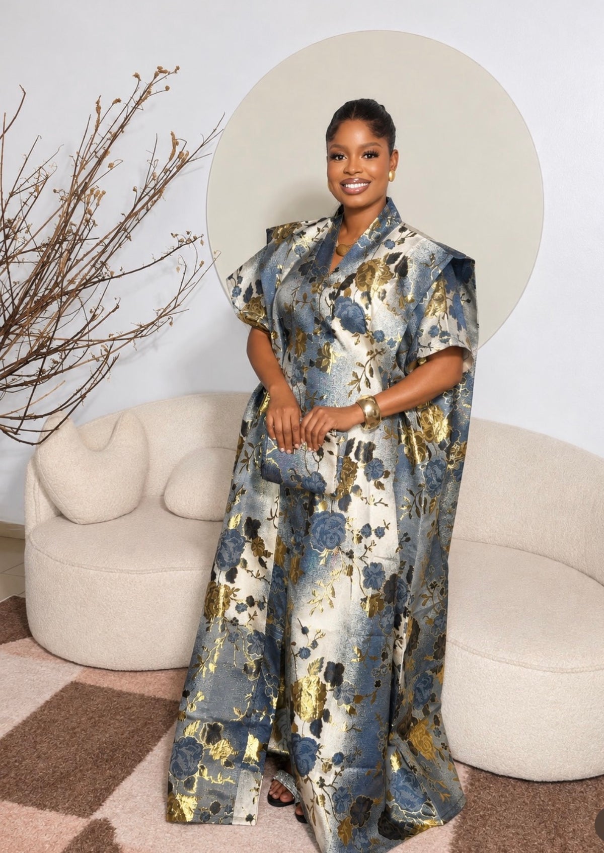 Luxury Blue & Gold Floral European Brocade Damask Boubou Kaftan Dress – One Size US 4–20