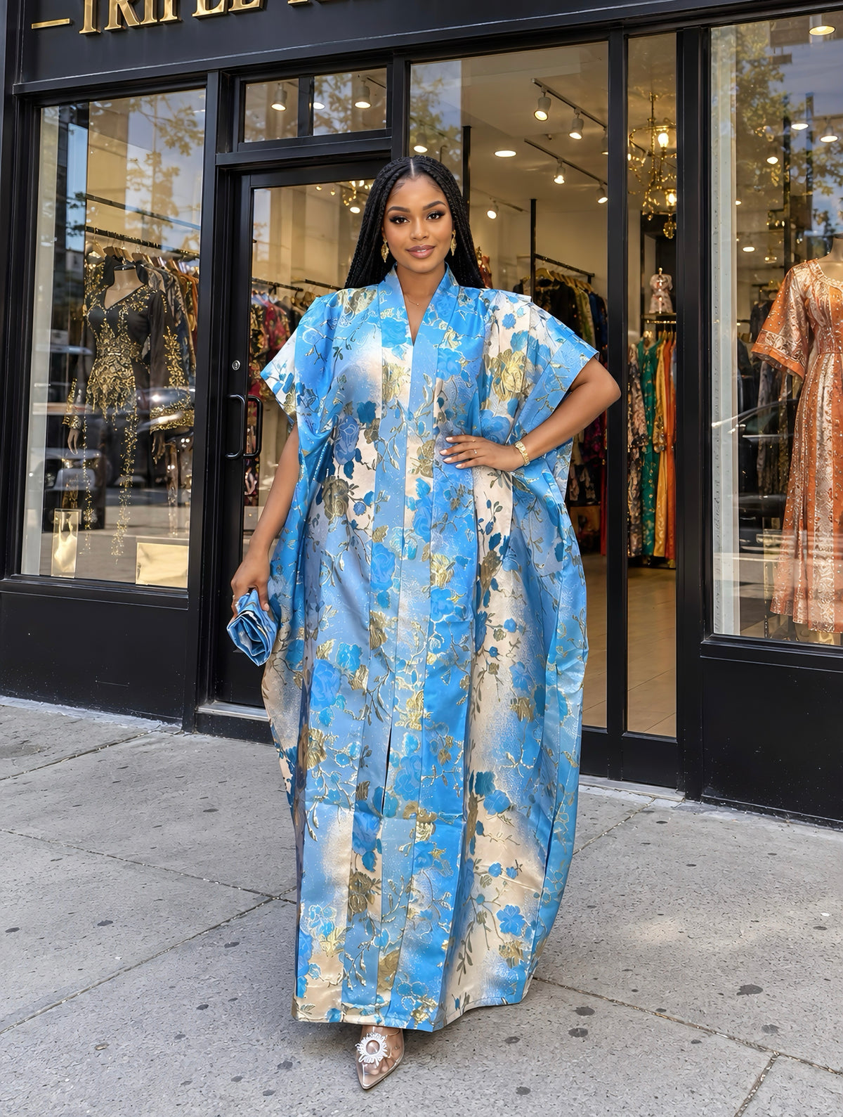Luxury Blue & Gold Floral Brocade Boubou Dress | Elegant African Kaftan | One Size Up to US 20