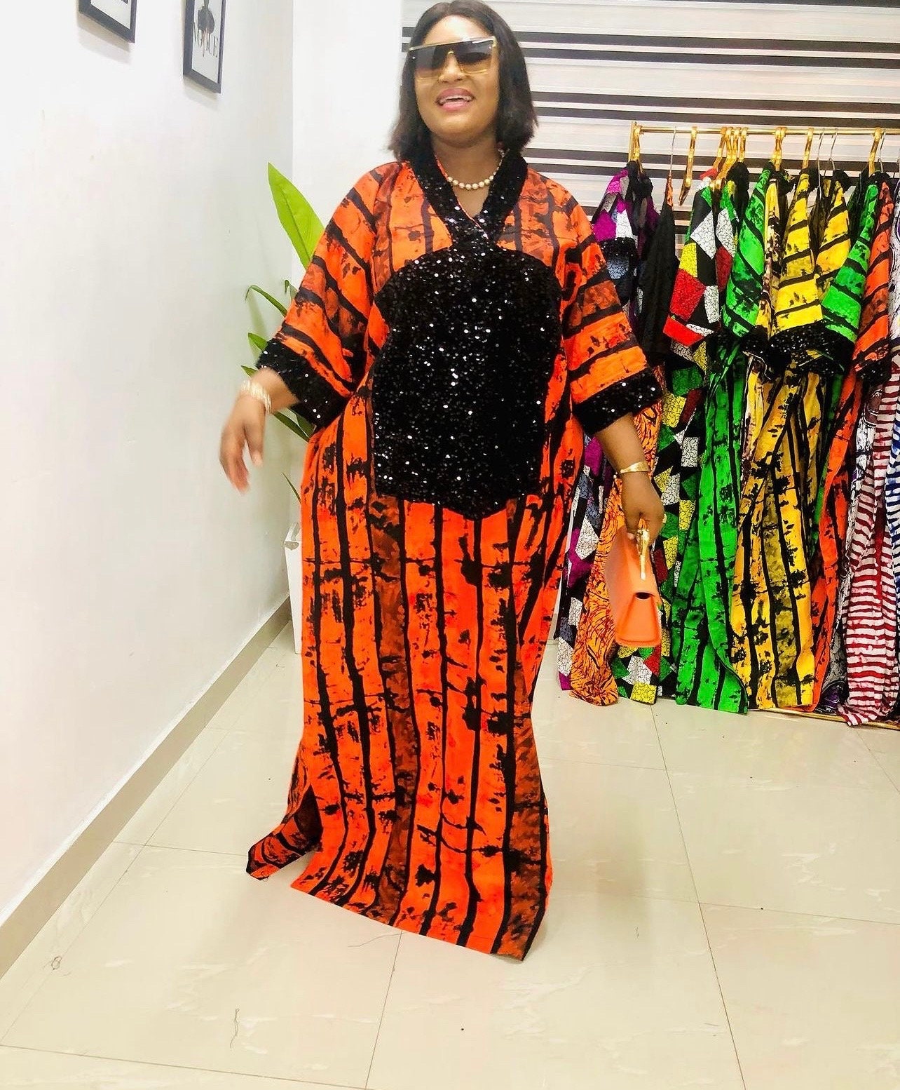 African Ankara Kaftan Dress: Sequin Adire Boubou