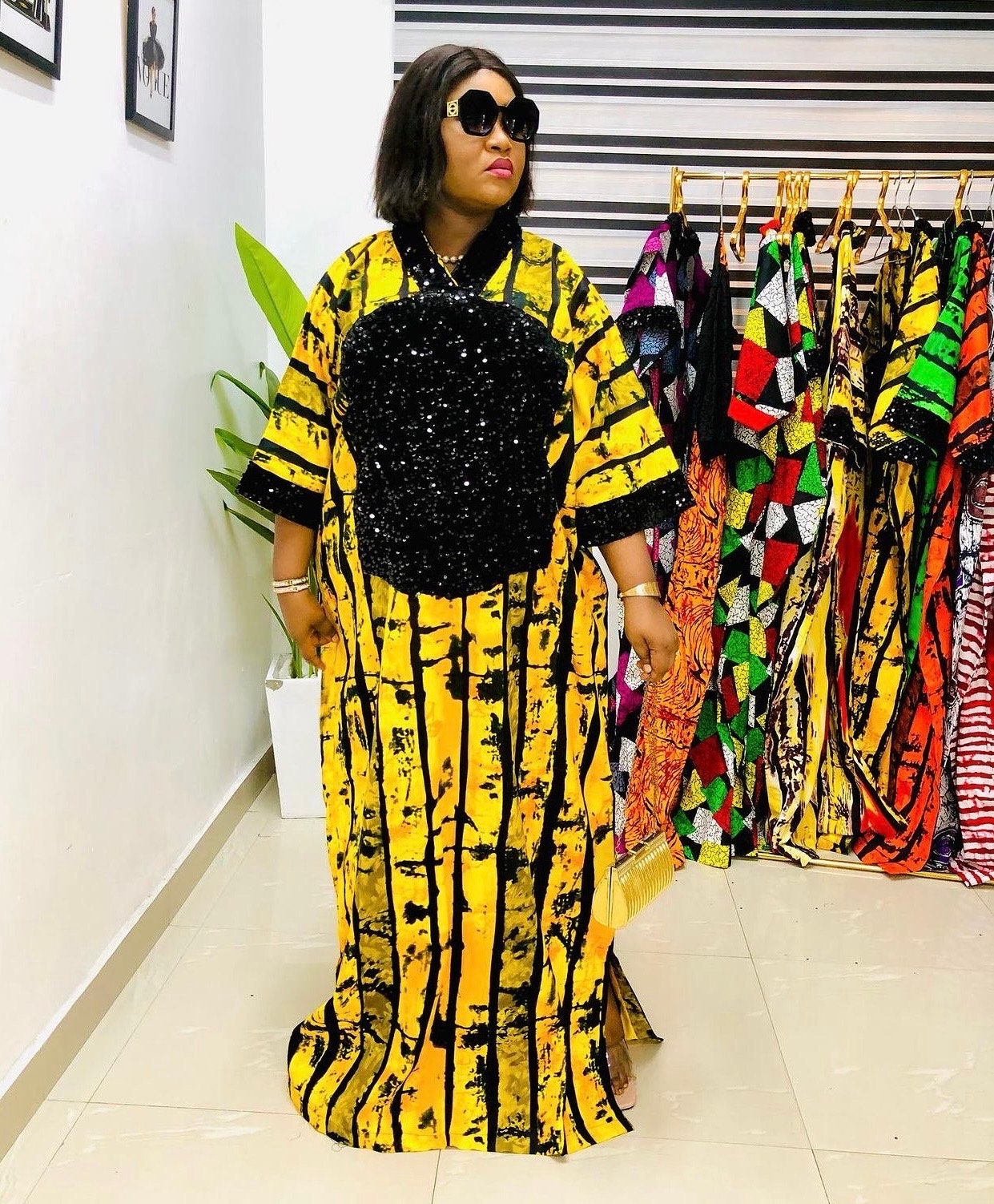 African Ankara Kaftan Dress: Sequin Adire Boubou