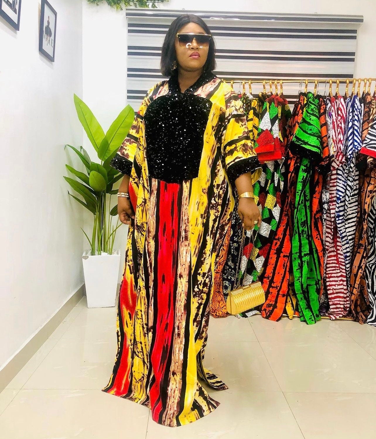 African Ankara Kaftan Dress: Sequin Adire Boubou