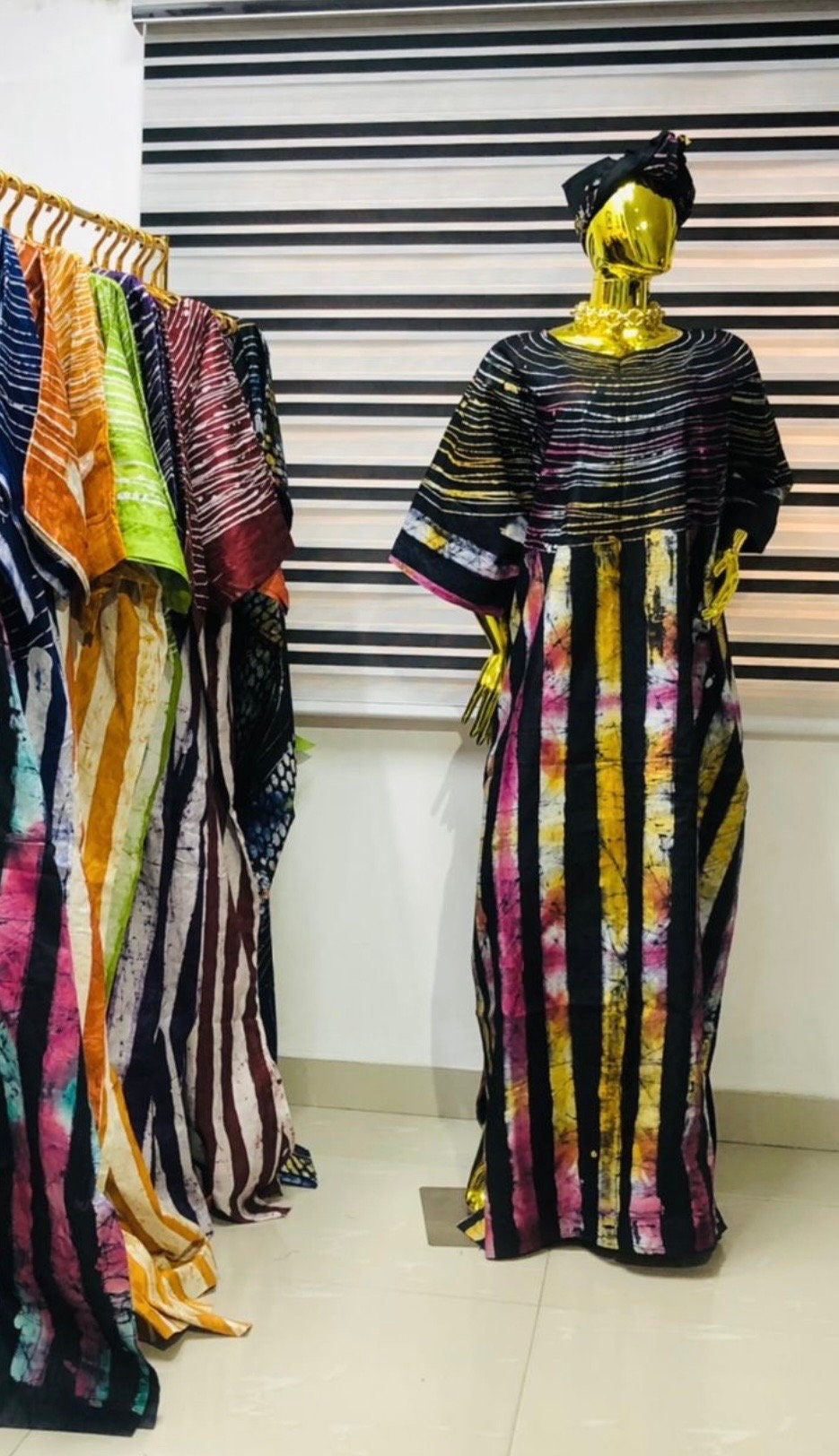 African Adire Brocade Boubou: Striped Cotton Kaftan with Scarf