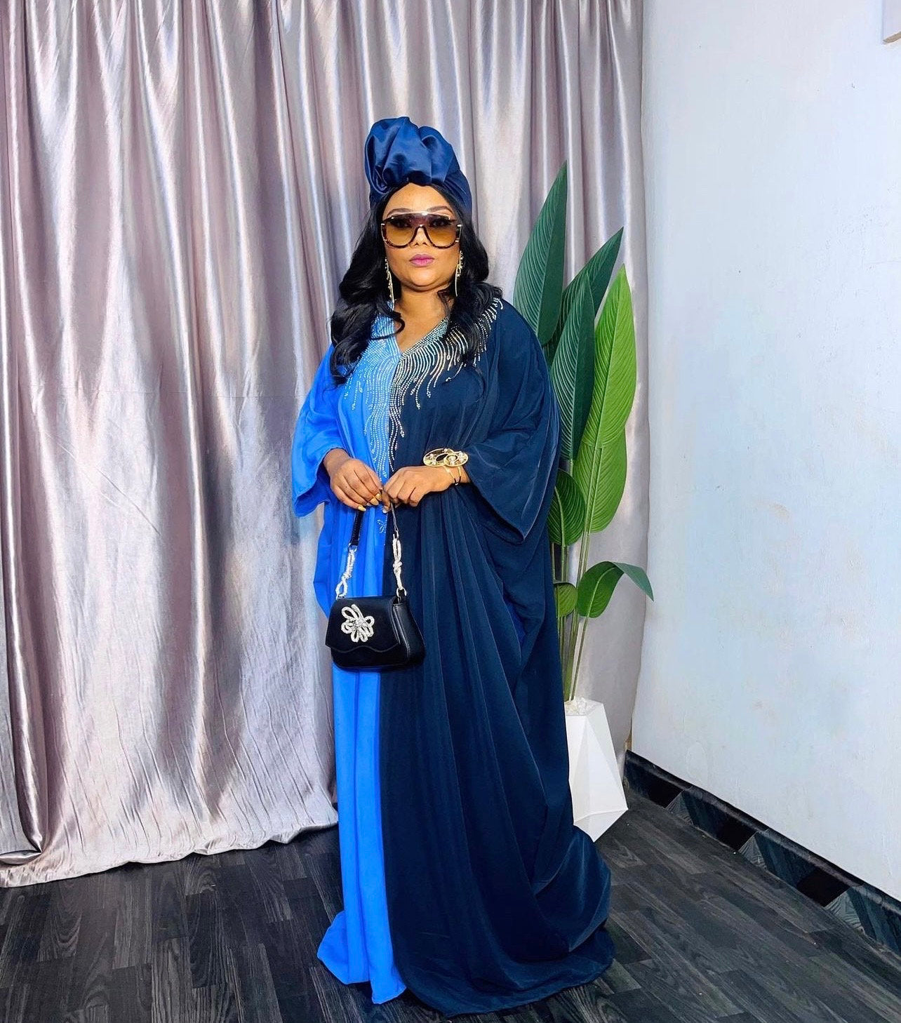 Duchess Silk Boubou | Crystal Patterned African Kaftan with Turban
