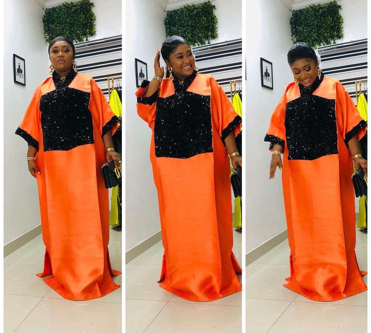 Orange Mikado Boubou Dress | Sequin African Kaftan, Party Jalabiya