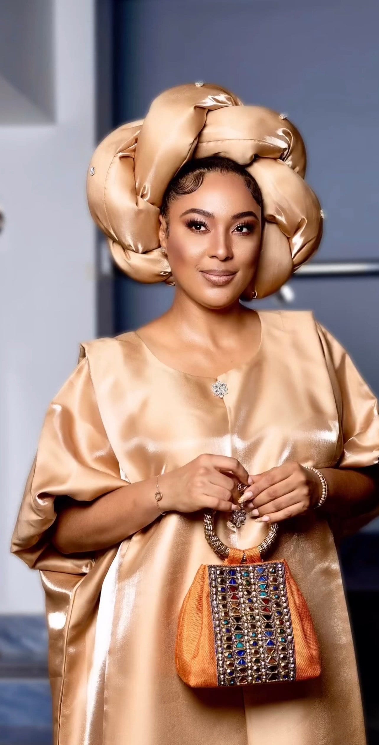Liquid Mikado Silk Boubou | African Kaftan Dress with Headband