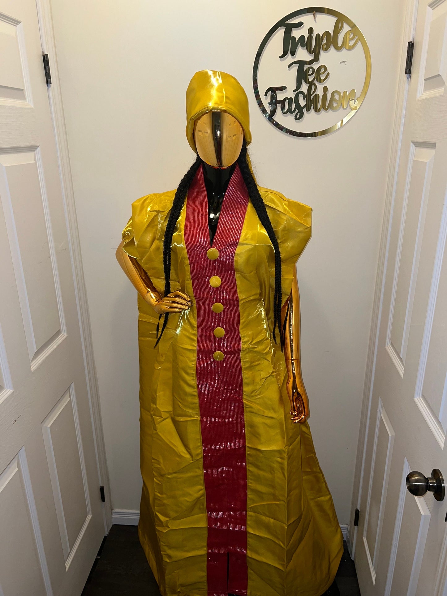 Yellow Mikado Silk Boubou | Aso Oke Trim, Nigerian Kaftan