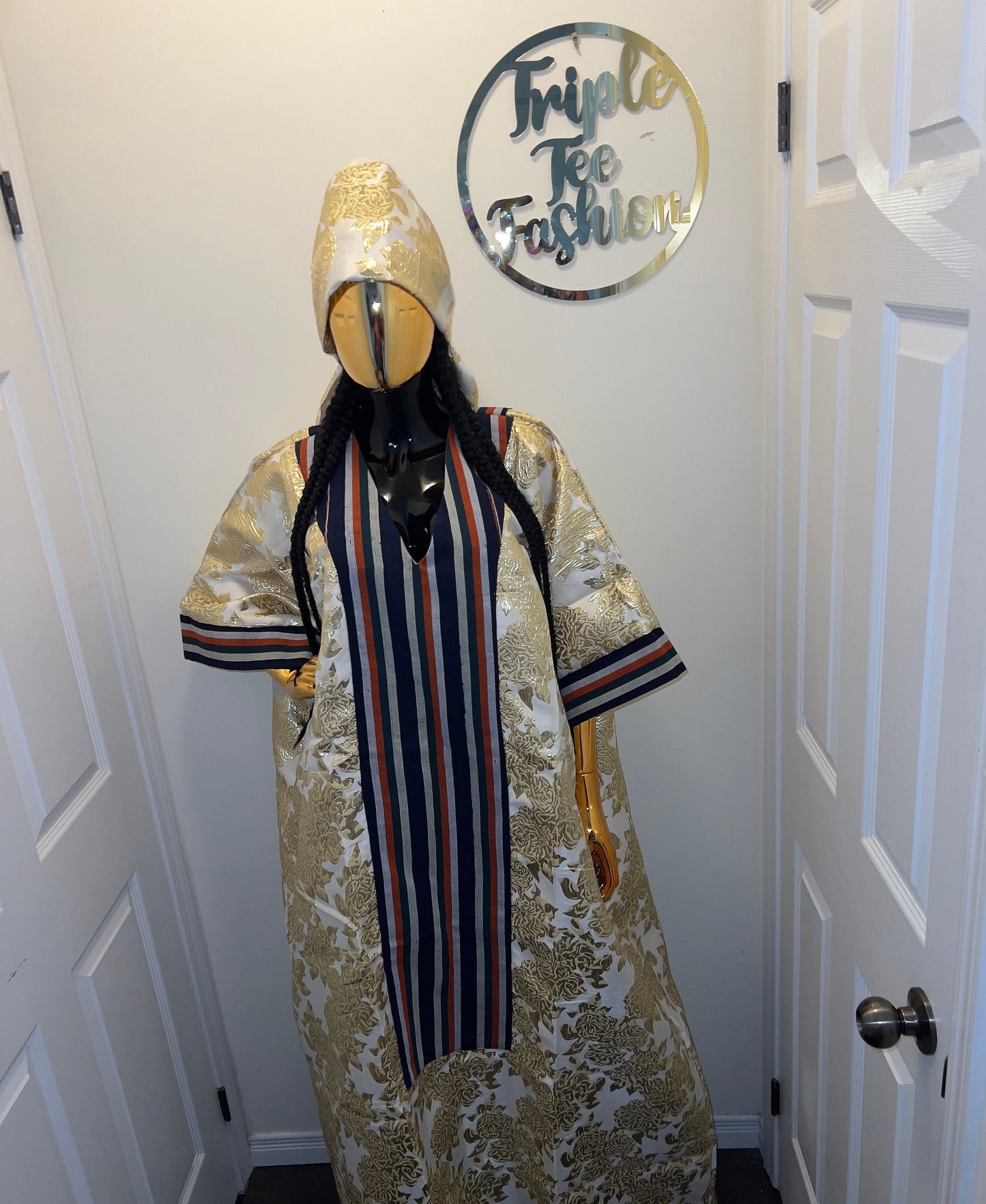European Brocade Boubou Dress with Matching Scarf | Nigerian Aso Oke, Rich Aunty Vibes