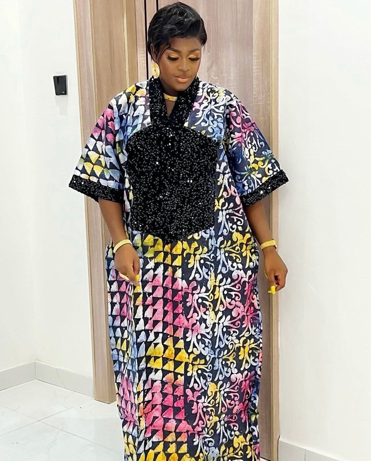 Handmade African Adire Brocade Kaftan Dress | Nigerian Print
