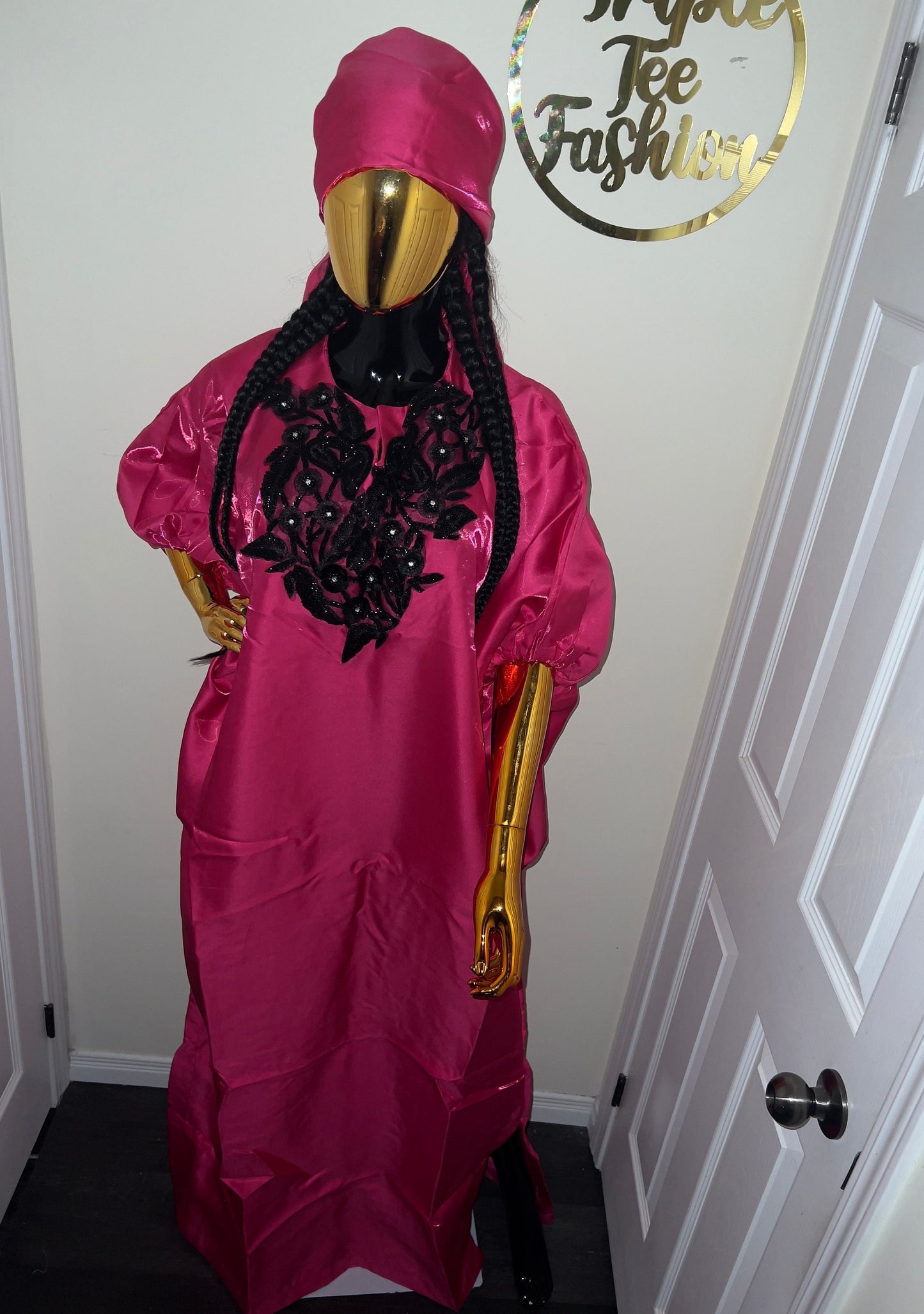 African Mikado Silk Boubou Dress | Appliqué Kaftan, One Size
