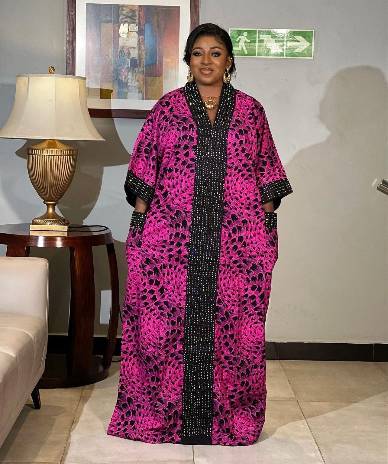 Pink & Black Ankara Caftan Dress, African Print Maxi Dress, Plus Size Kaftan Robe