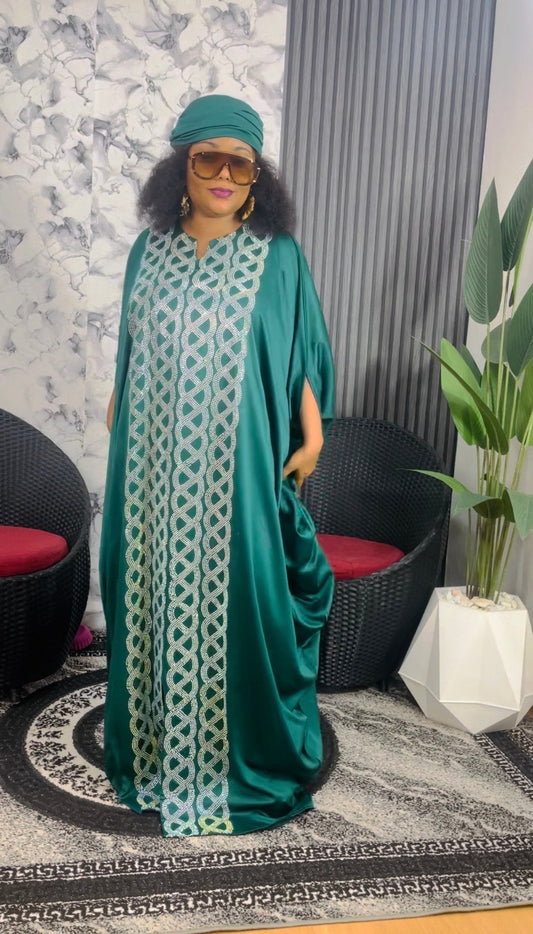 Emerald Green Duchess Silk Boubou: Crystal Patterned African Kaftan