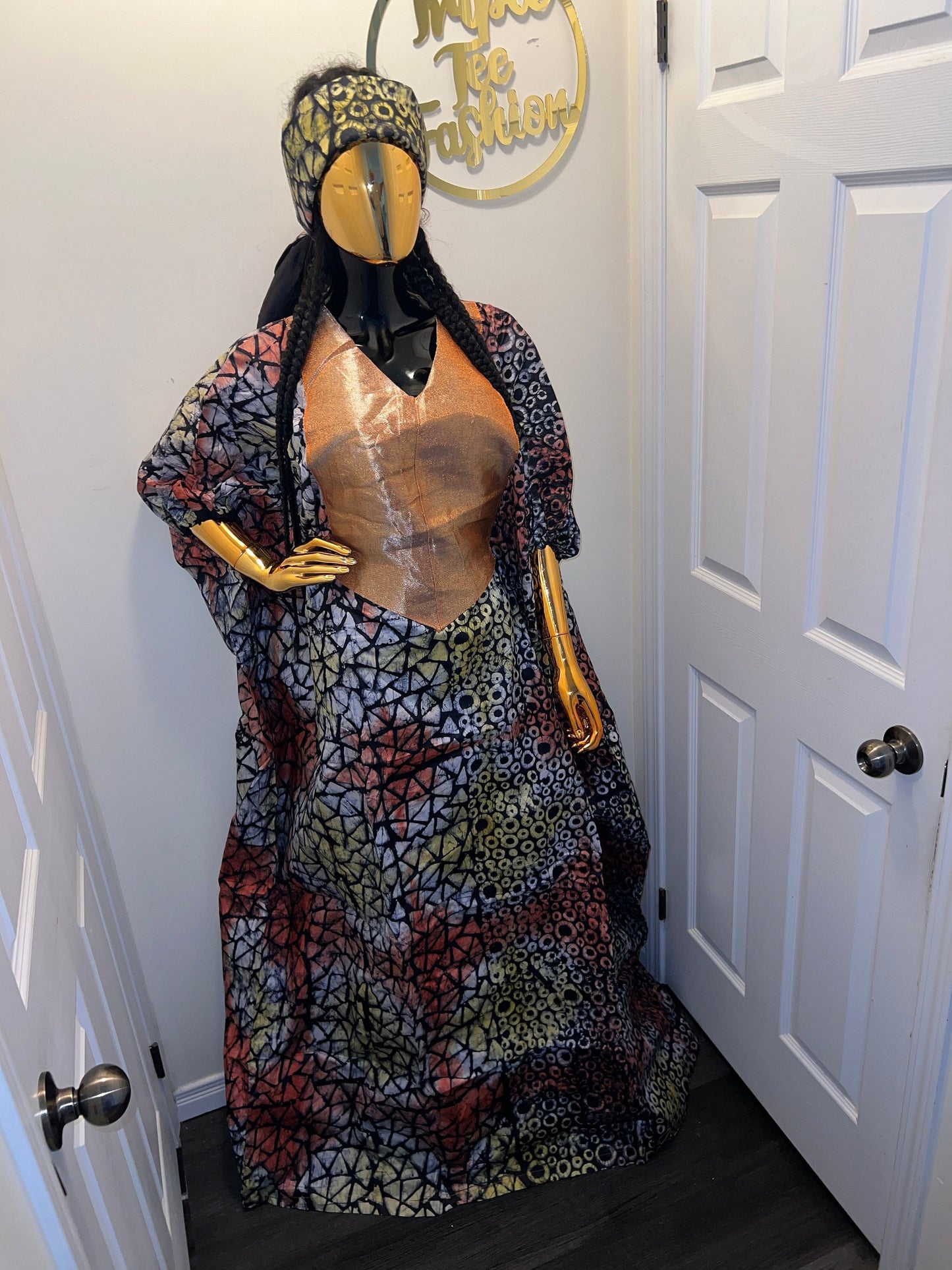African Adire Batik Boubou Dress | Nigerian Kaftan with Inner Belt