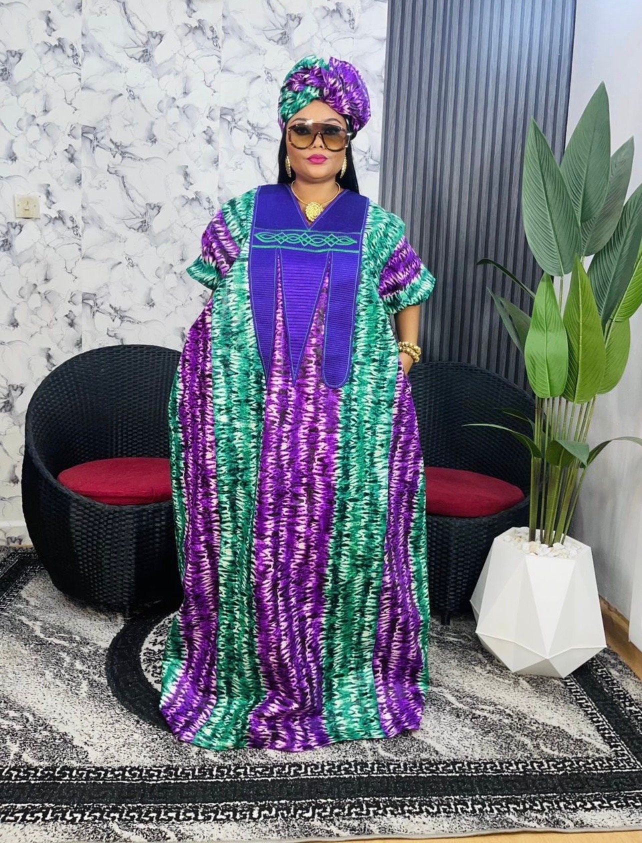 African Print Adire Kampala Boubou Dress | Embroidered Kaftan, One Size