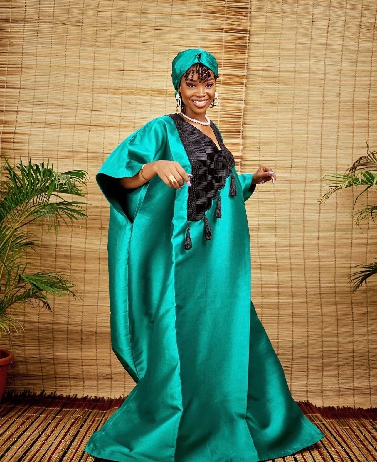 Embroidered Mikado Boubou Kaftan | African Party Dress with Scarf