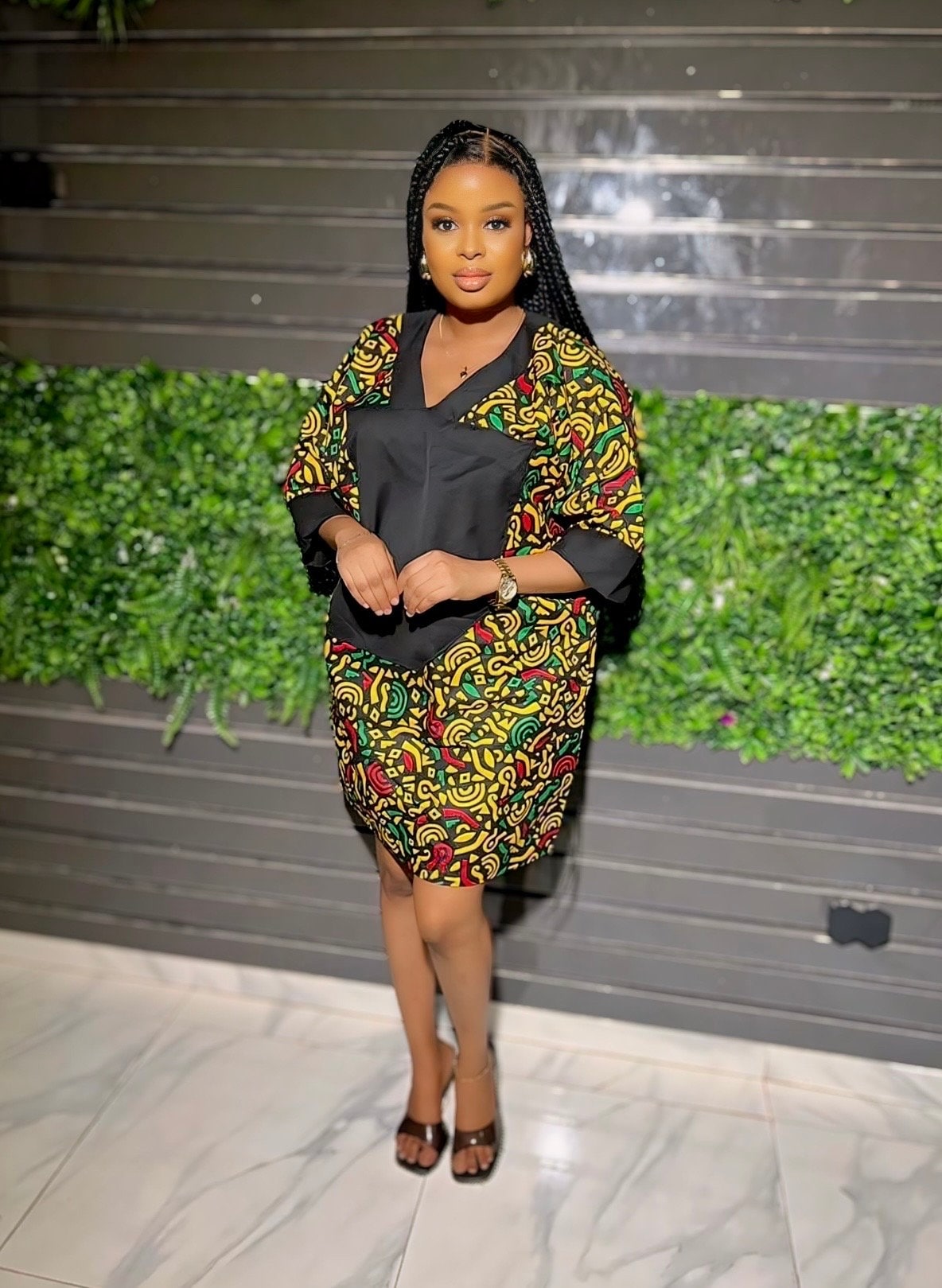 African Ankara Print Mini Dress | Stoned Neck Design, Cotton Kaftan