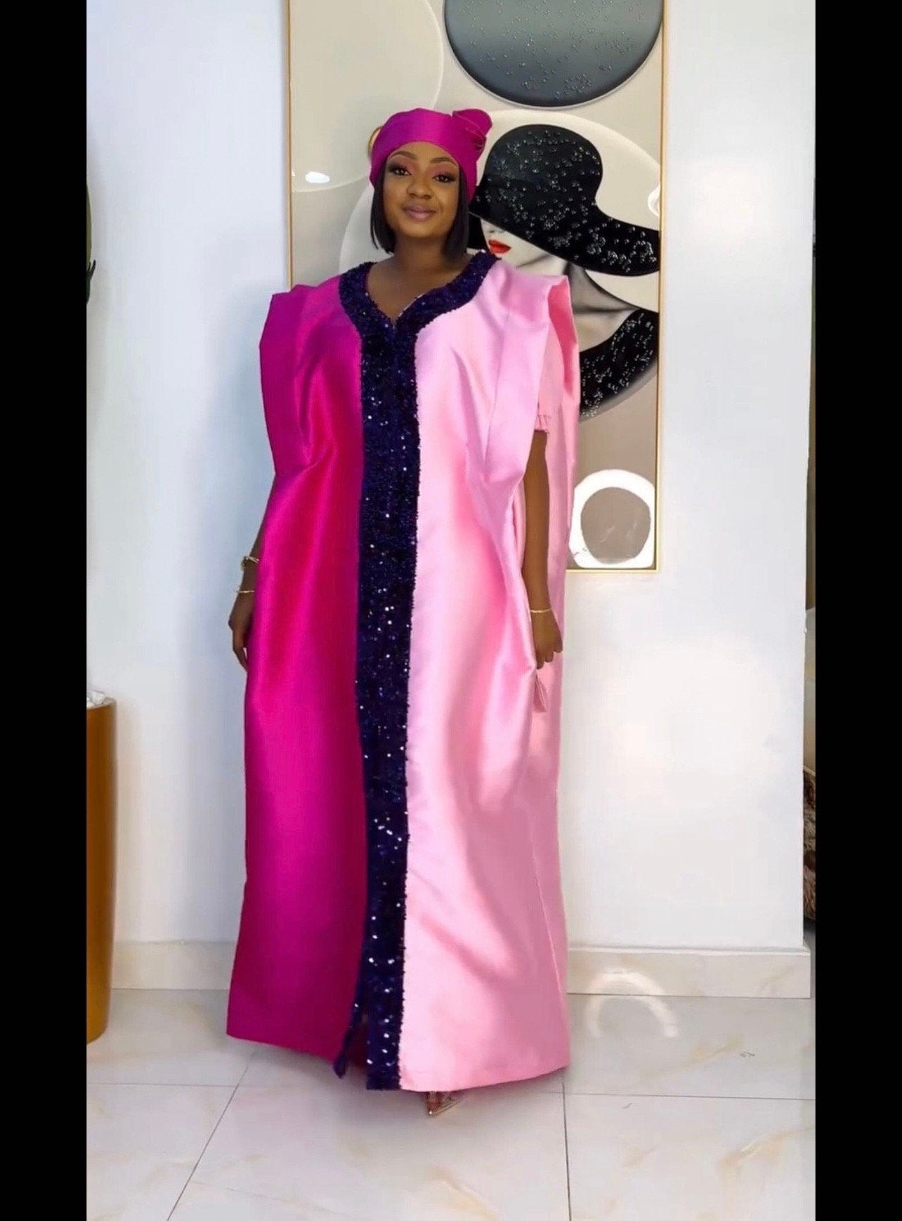 Sequin Mikado Boubou Dress | African Kaftan with Headtie