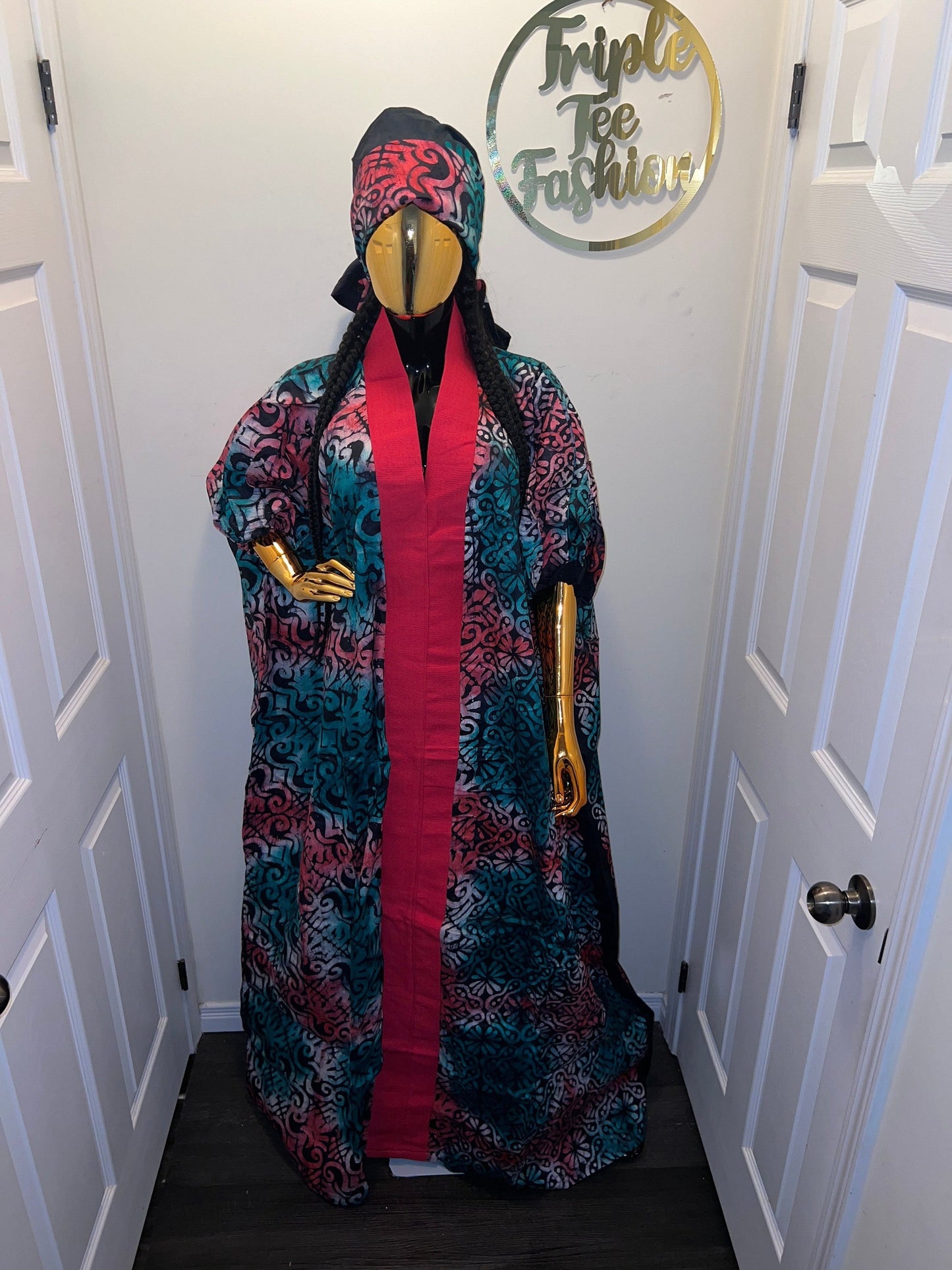 African Adire Batik Boubou Dress | Handmade Kaftan with Inner Belt