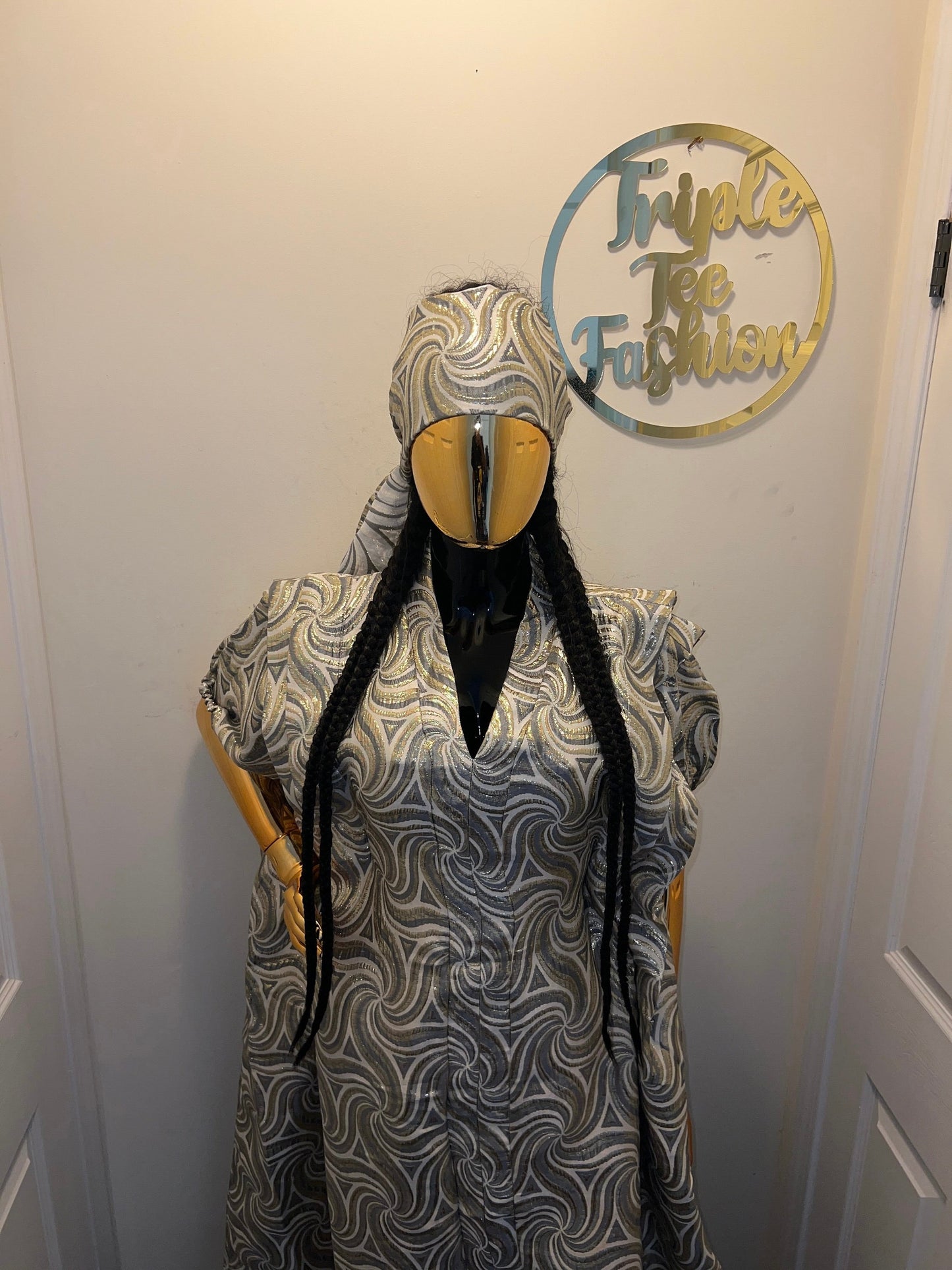 European Brocade Boubou Dress with Matching Scarf | African Kaftan