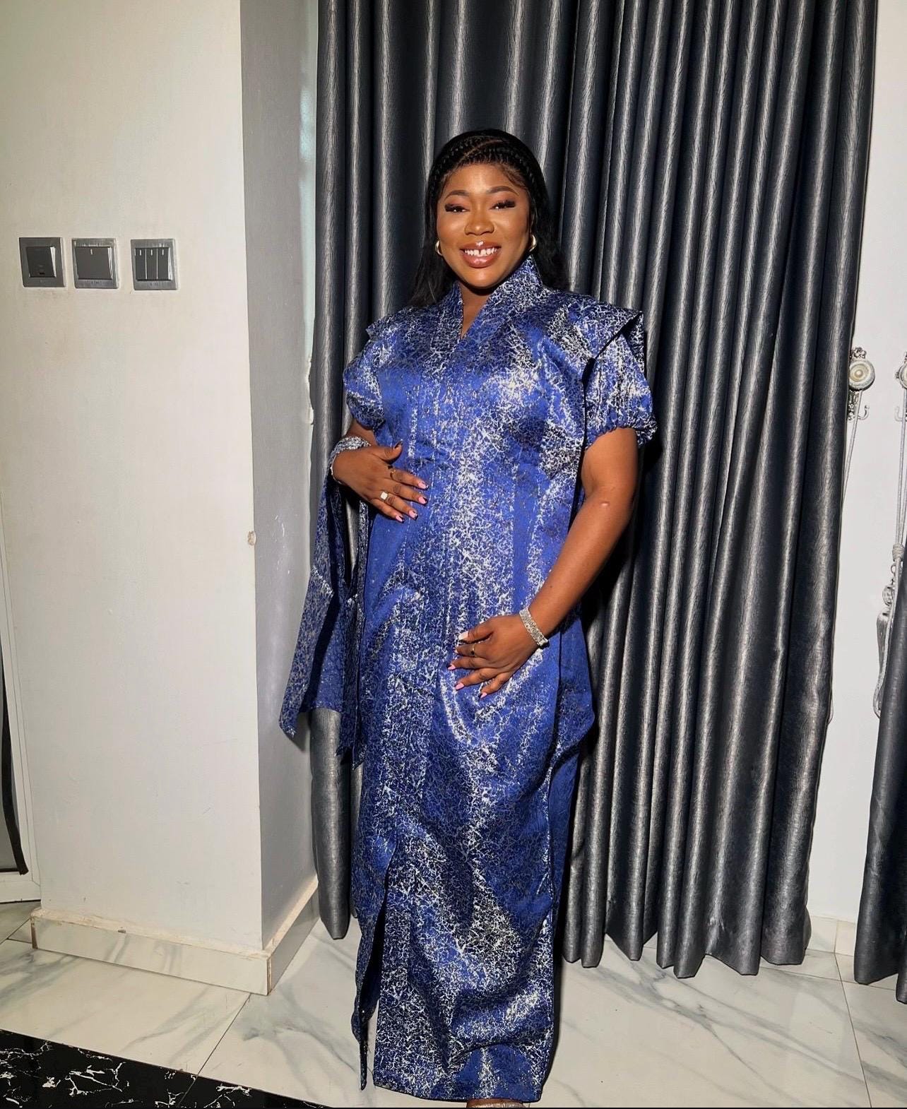African Brocade Bubu Dress with Matching Scarf | One Size