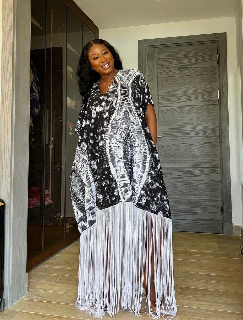 African Adire Fringe Boubou Dress| Rich Aunty Vibes| danshiki | Kaftan| African print dress | Nigerian made | Wedding Party dress|