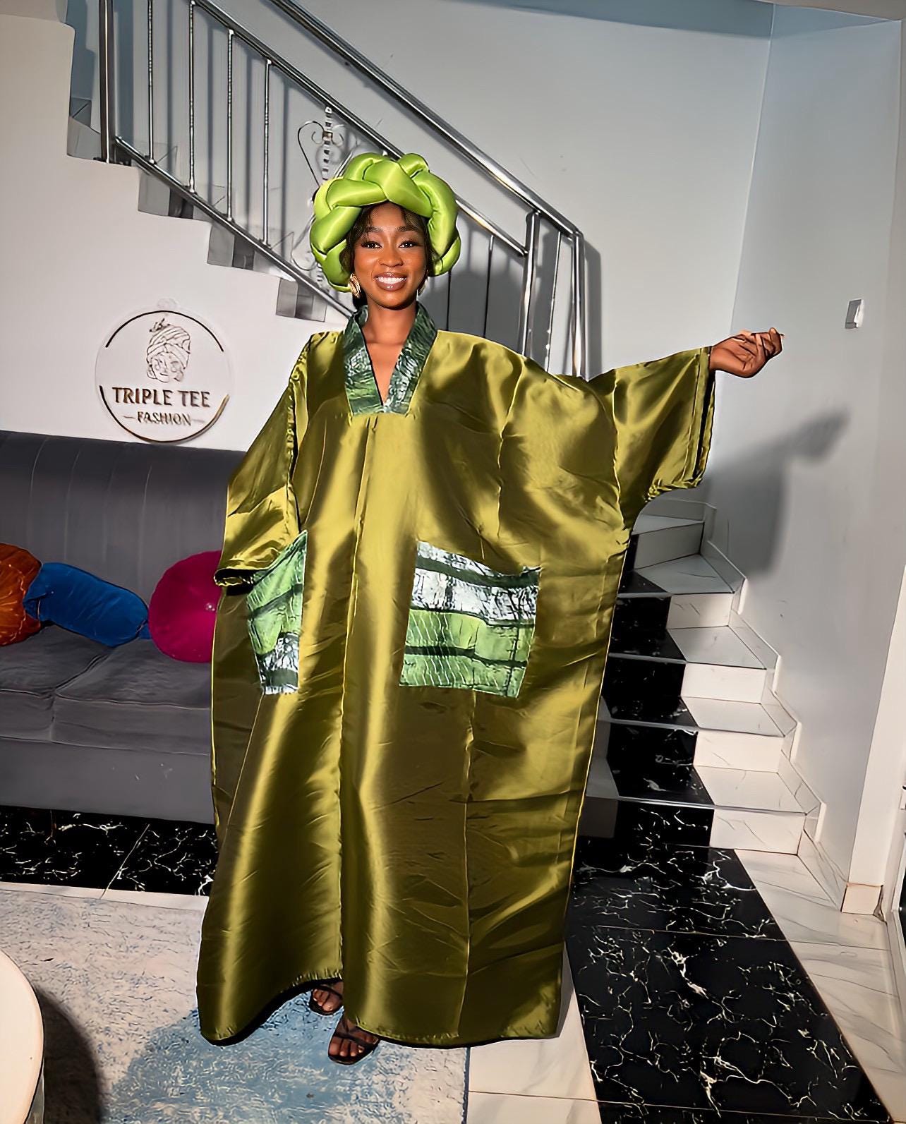 African Mikado Adire Boubou | Nigerian Kaftan Dress with Headband