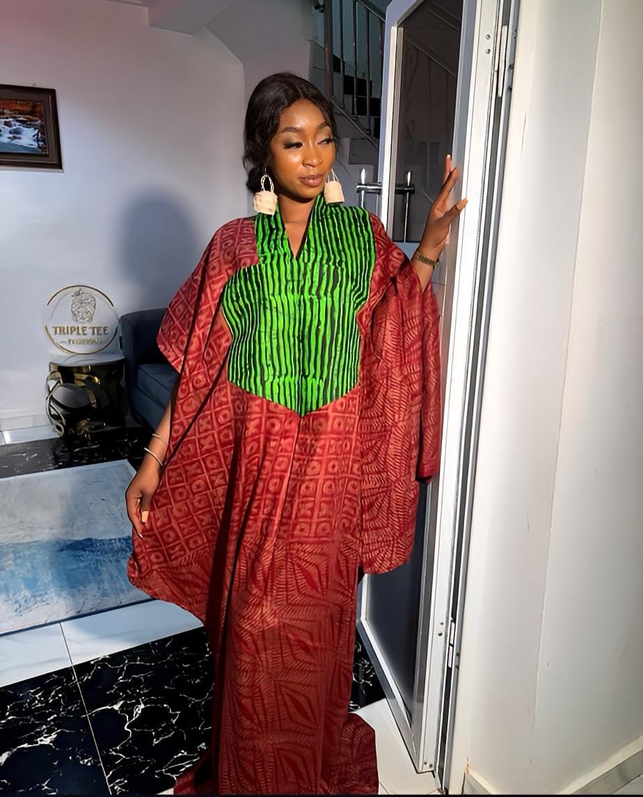 Handmade Adire Cotton Kaftan Dress | Nigerian Boubou with Head Scarf