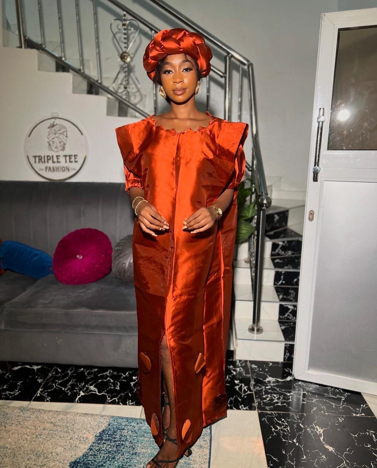 Burnt Orange Mikado Boubou | African Kaftan Dress with Headband
