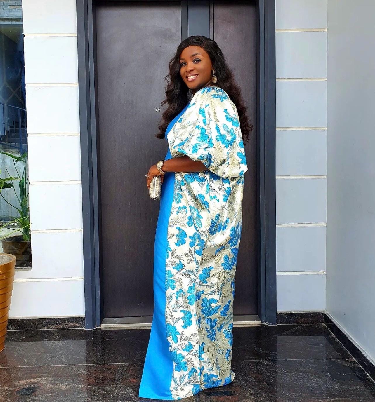 Blue Mikado Brocade Boubou | African Kaftan Dress, One Size