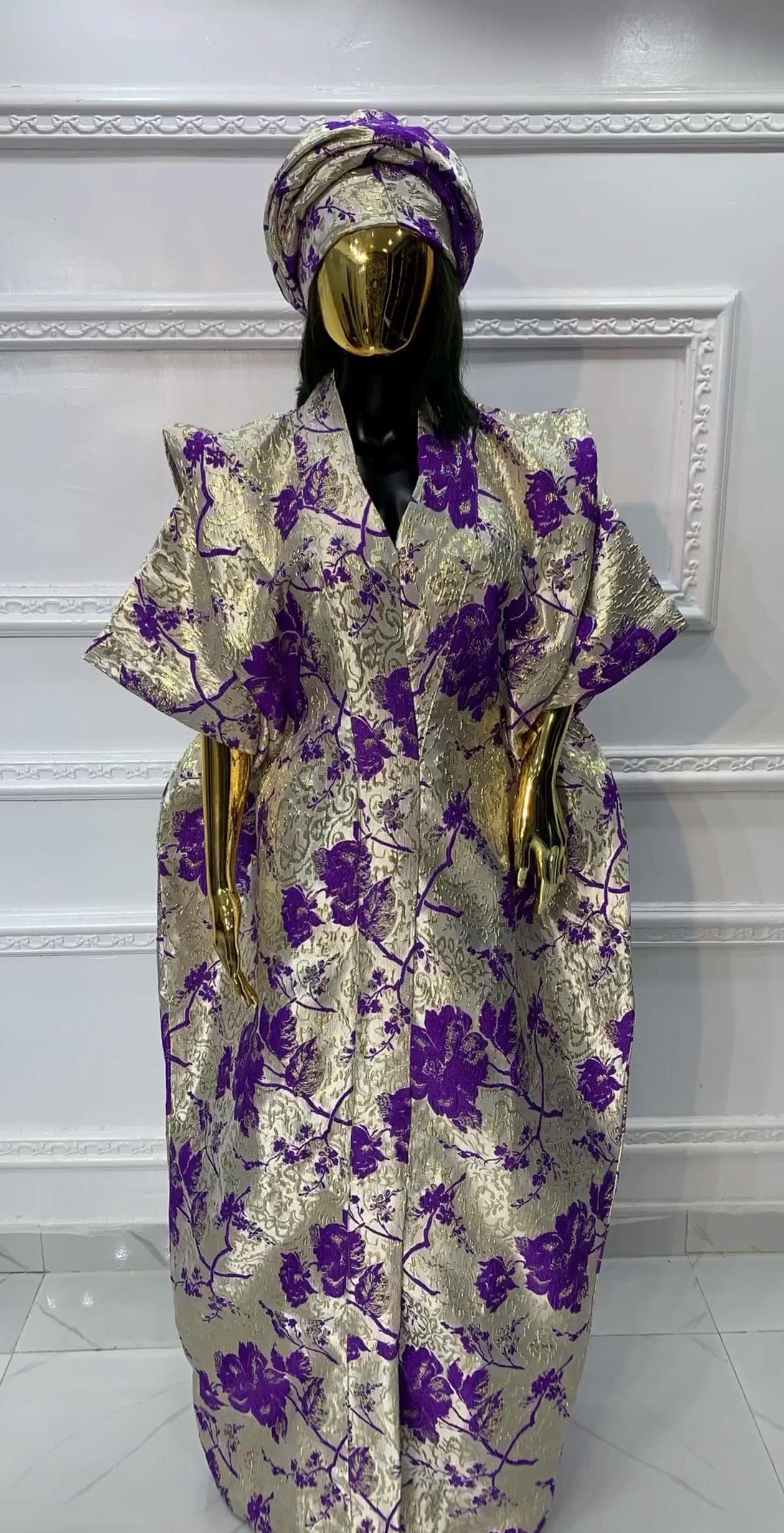 Floral Brocade Boubou Dress | African Kaftan with Scarf