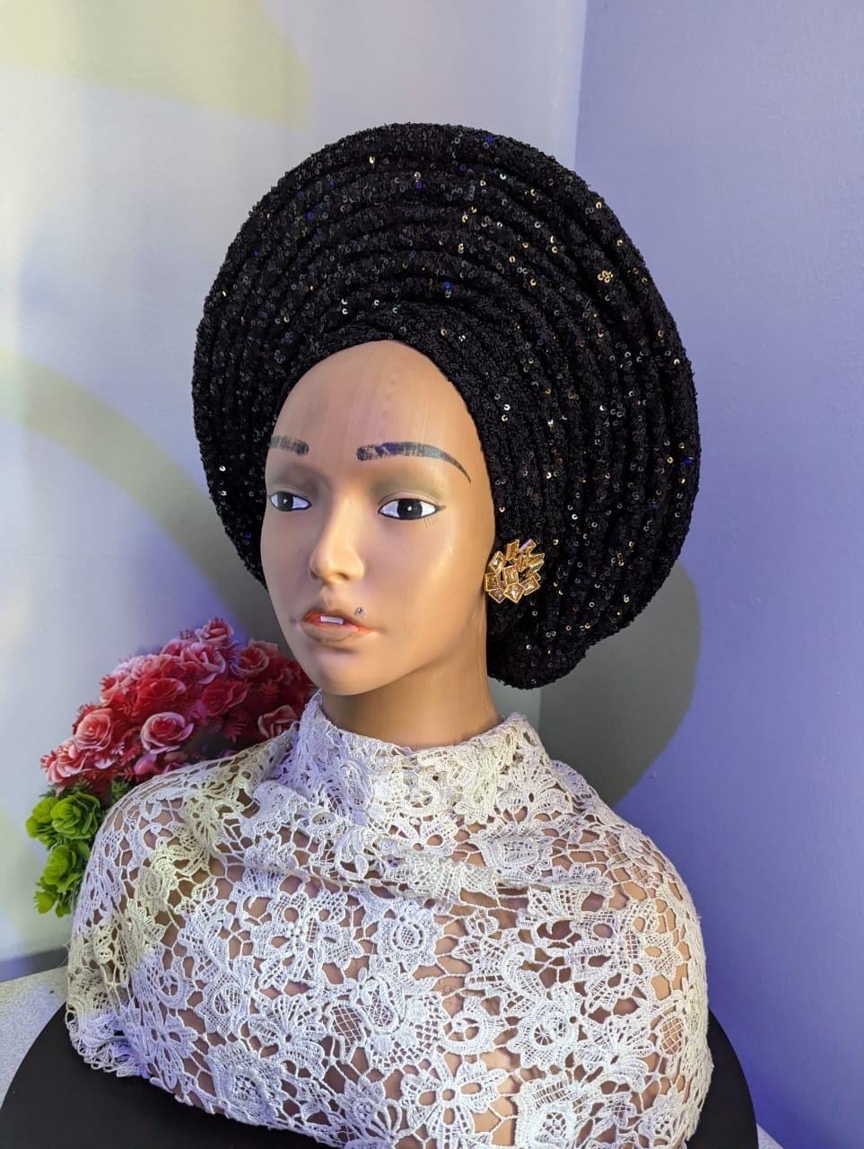 Sequin Fabric African Auto Gele | Pre-Tied Turban Hat