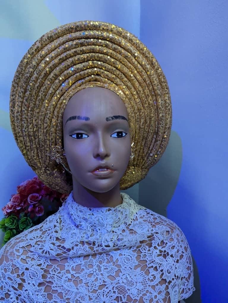 Luxury Sequined African Auto Gele | Pre-tied Turban Hat