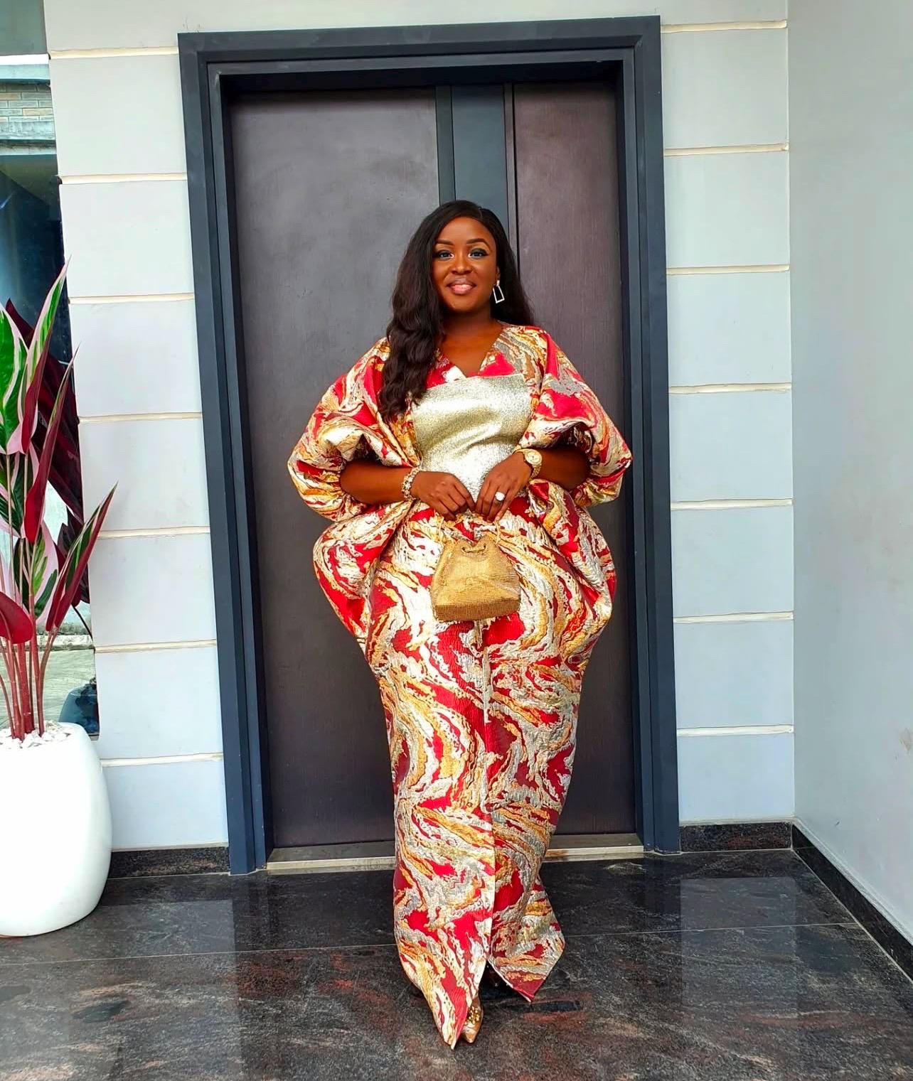 African Brocade Boubou: One Size Kaftan Dress with Scarf