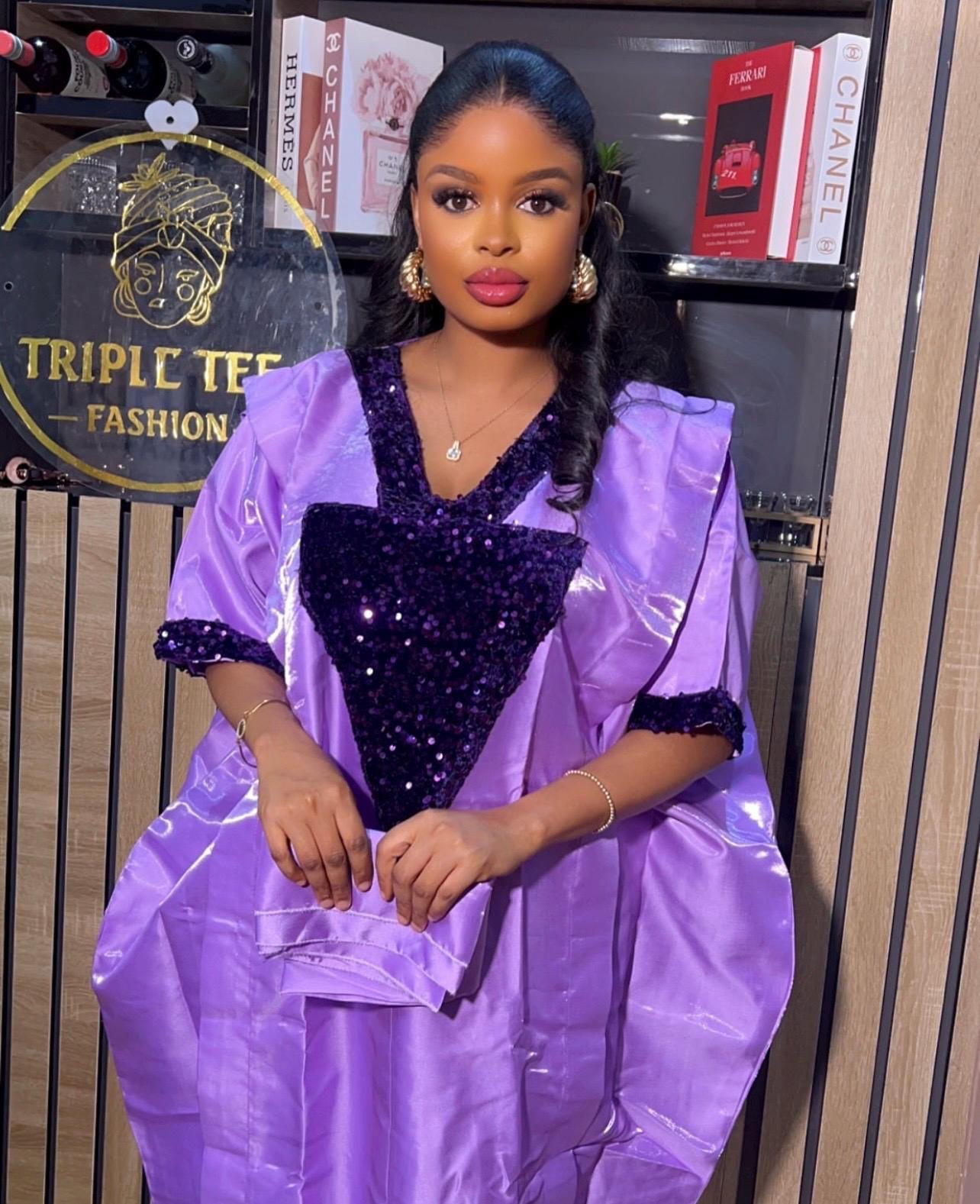 Lilac Mikado Boubou with Sequins | African Kaftan Dress