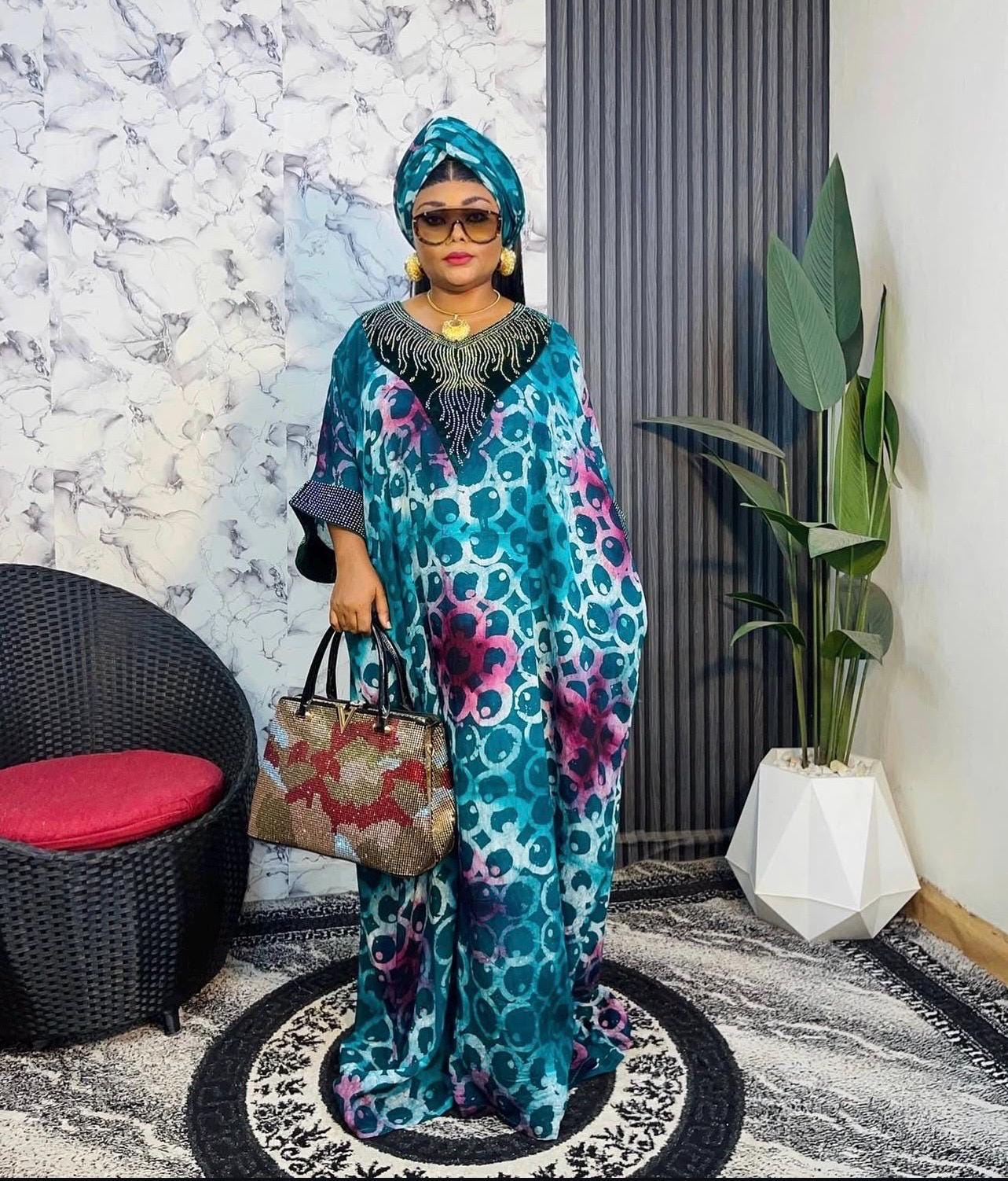 Handmade Adire Batik Kaftan Dress | African Cotton Brocade Bubu