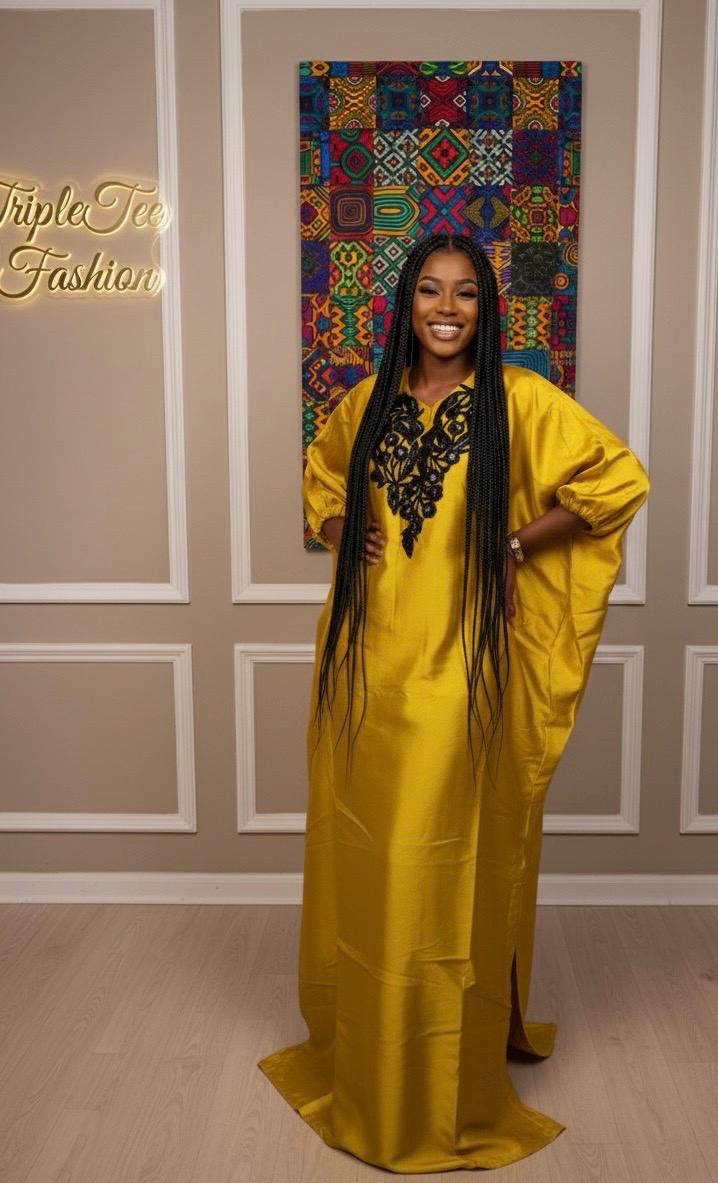 Mikado Silk Appliqué Boubou | African Kaftan Dress with Headband