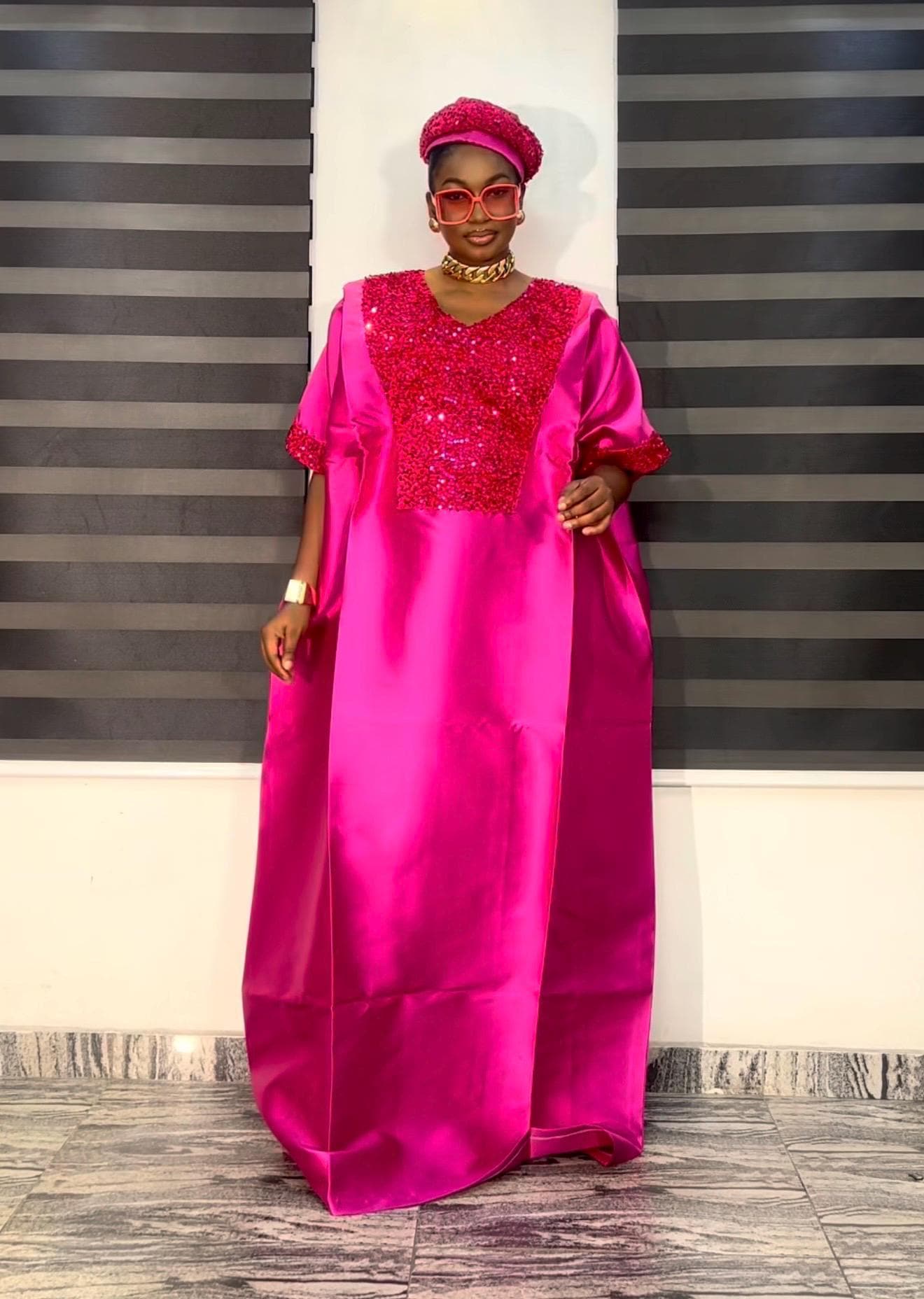 Pink Sequin Mikado Silk Boubou: African Kaftan Dress with Cap