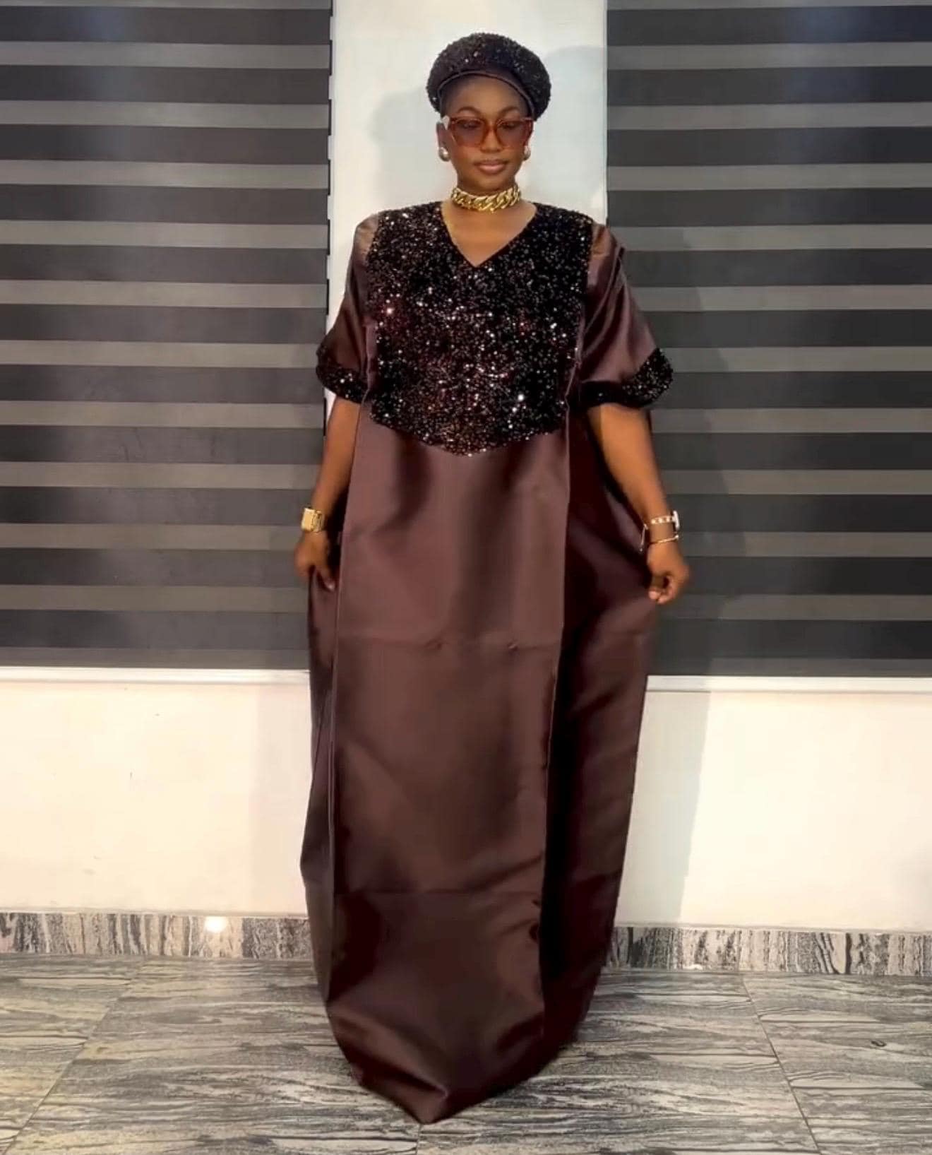 Chocolate Brown Sequin Mikado Silk Boubou: African Kaftan Dress with Cap