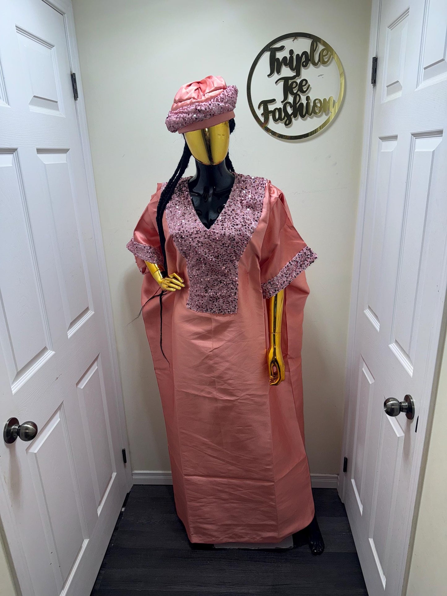 Peach Sequin Mikado Silk Boubou: African Kaftan Dress with Cap