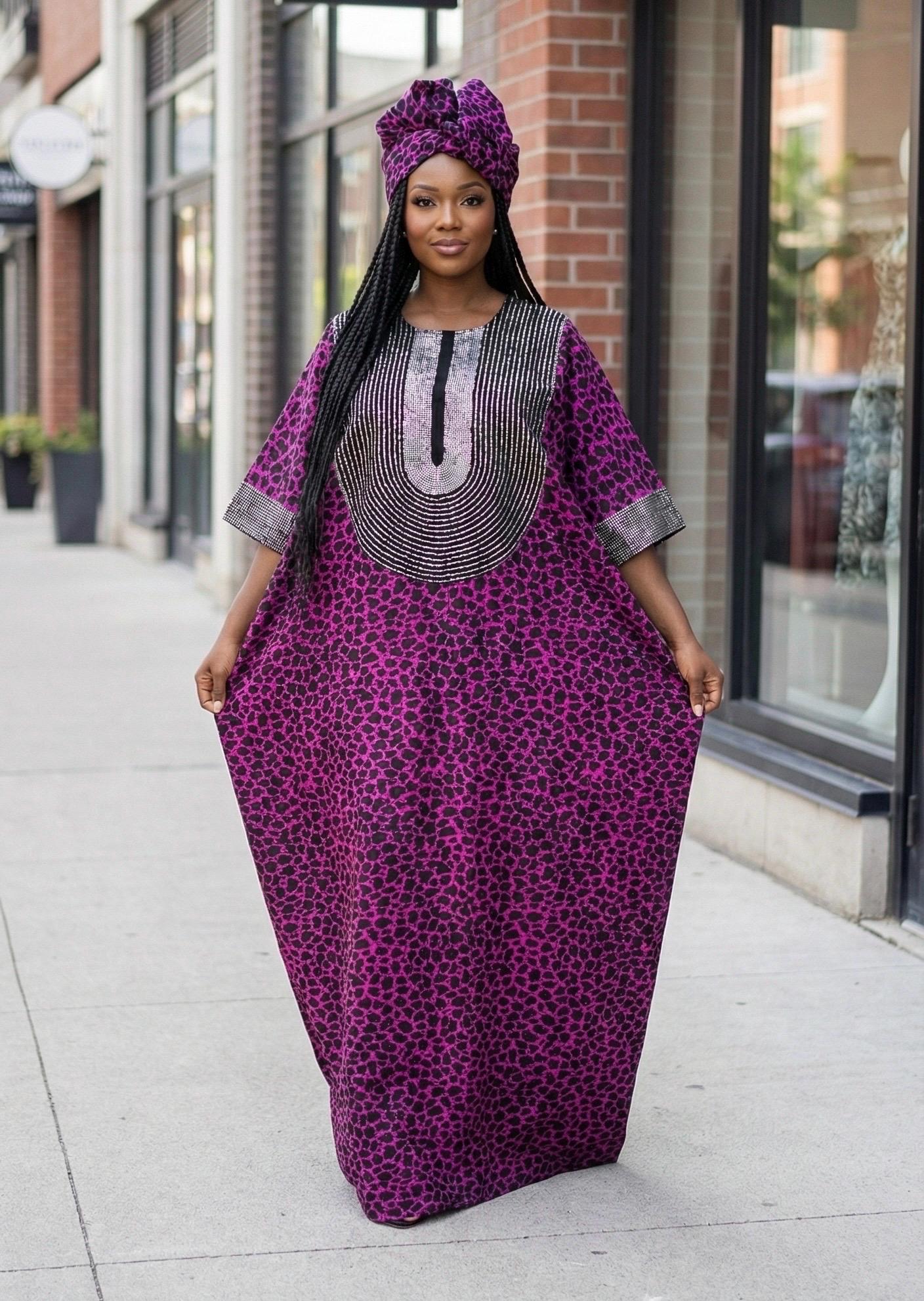 Purple Ankara Maxi Dress with Matching Head Wrap