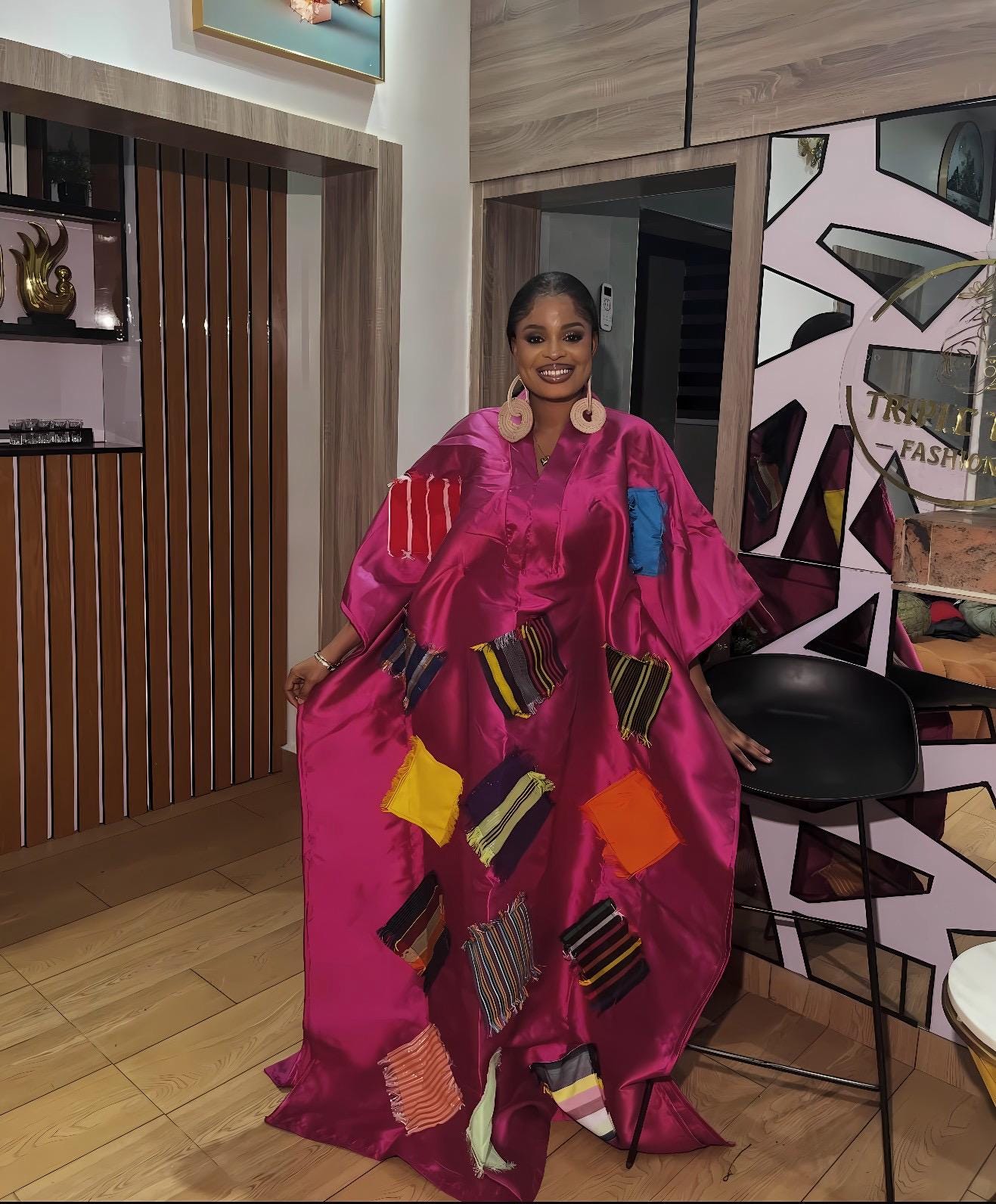 African Luxury Mikado Boubou with Aso-Oke Patchwork – One Size Fits All|Pink Dress