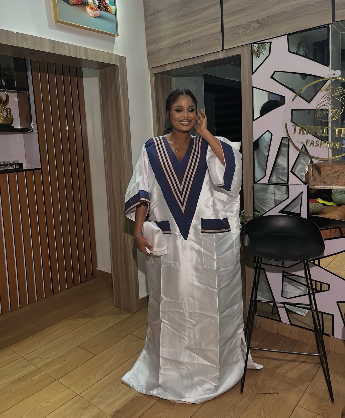 White Mikado Boubou Kaftan with Aso Oke Detail | Nigerian Party Dress