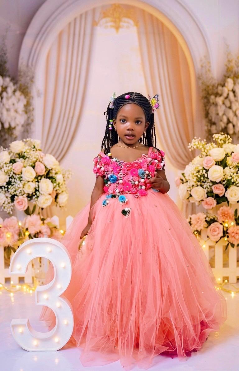 Pink Floral Princess Dress for 3-Year-Old Birthday | Embellished Tulle Gown