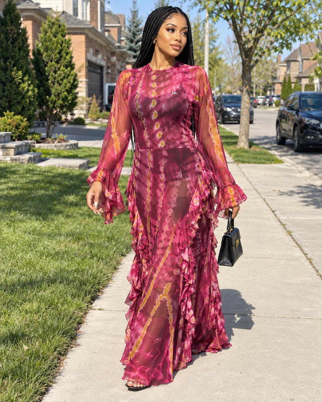 Sheer Pink Mesh Maxi Dress, African Print Ruffle Gown, Elegant Long Sleeve Occasion Dress, Women’s Size 16