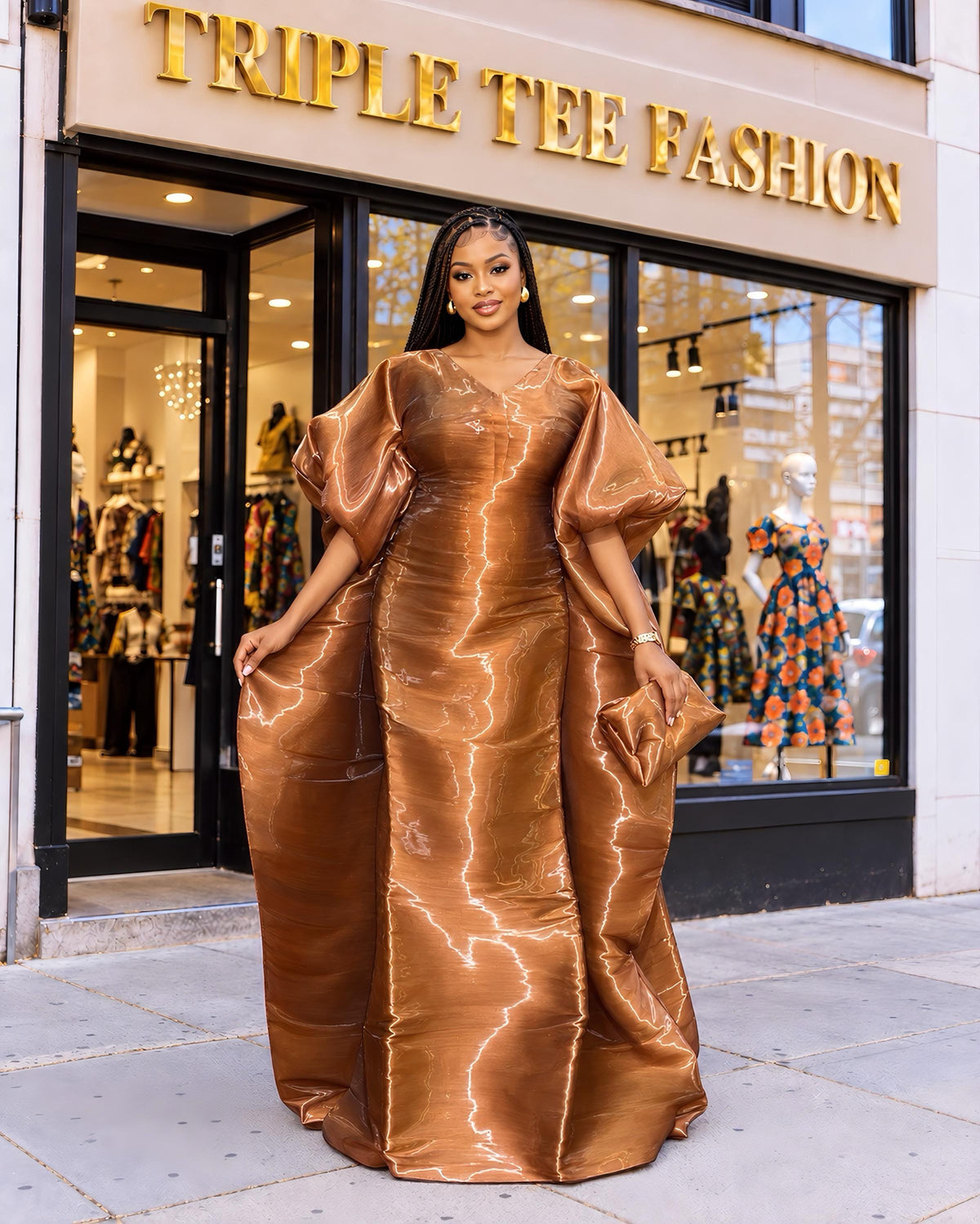 Luxury Brown Liquid Organza Boubou Dress for Women | African Kaftan Maxi Dress | One Size Bubu Gown | Inner Waist Belt