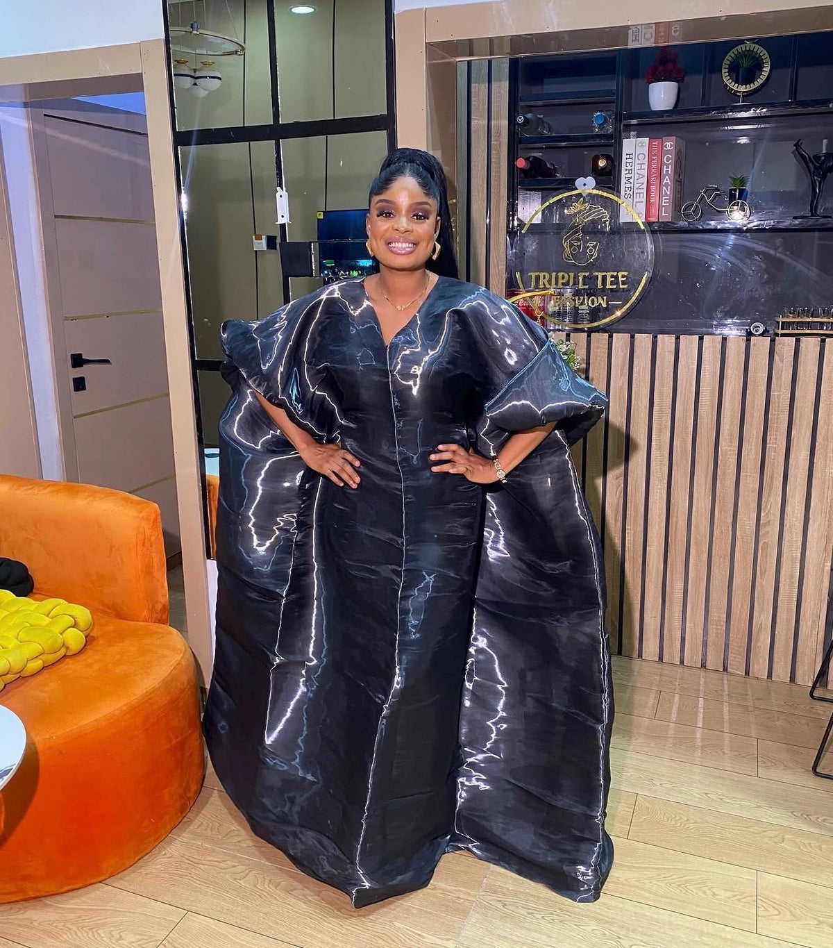 Black Liquid Organza Boubou Dress, Luxury African Kaftan Maxi Gown, Oversized Bubu Dress, One Size with Inner Waist Belt