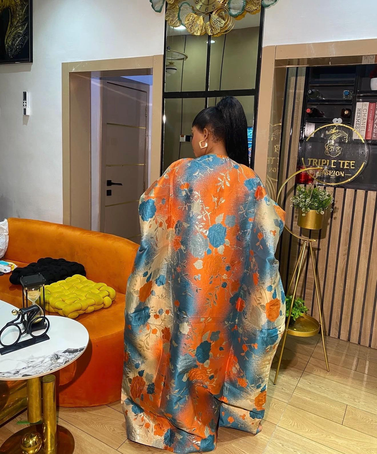 Orange Mikado & European Brocade Boubou Dress, African Wedding Guest Kaftan, Elegant Maxi Gown, One Size Plus Size Formal Dress
