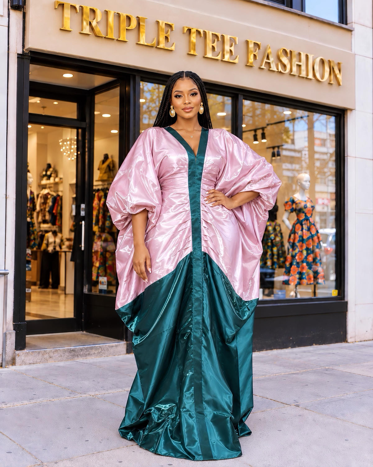 African boubou| Luxury Two-Tone Liquid Mikado Boubou – Elegant Blush Pink & Emerald Green Floor-Length Gown