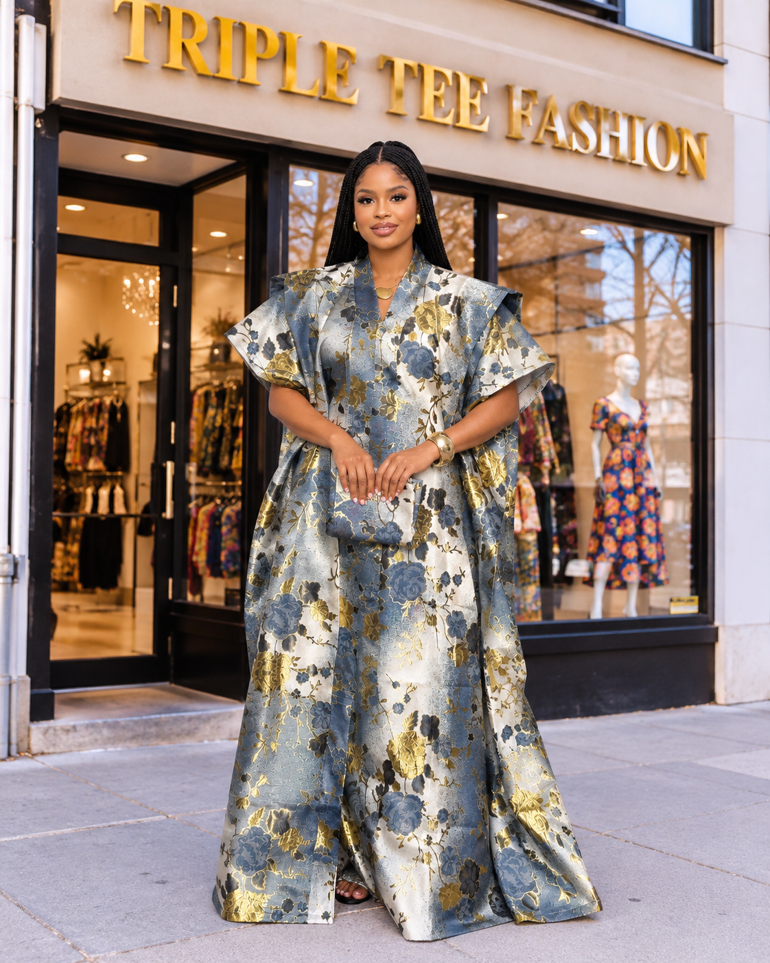 Luxury Blue & Gold Floral European Brocade Damask Boubou Kaftan Dress – One Size US 4–20
