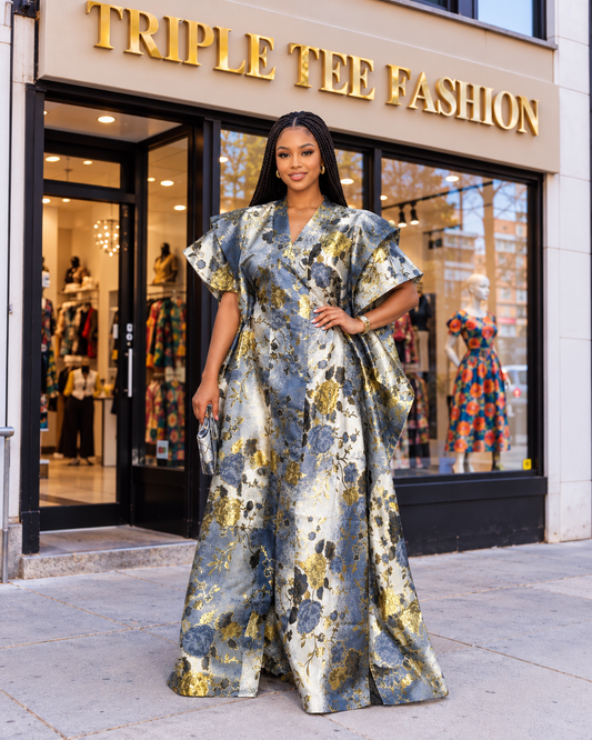 Luxury Blue & Gold Floral European Brocade Damask Boubou Kaftan Dress – One Size US 4–20