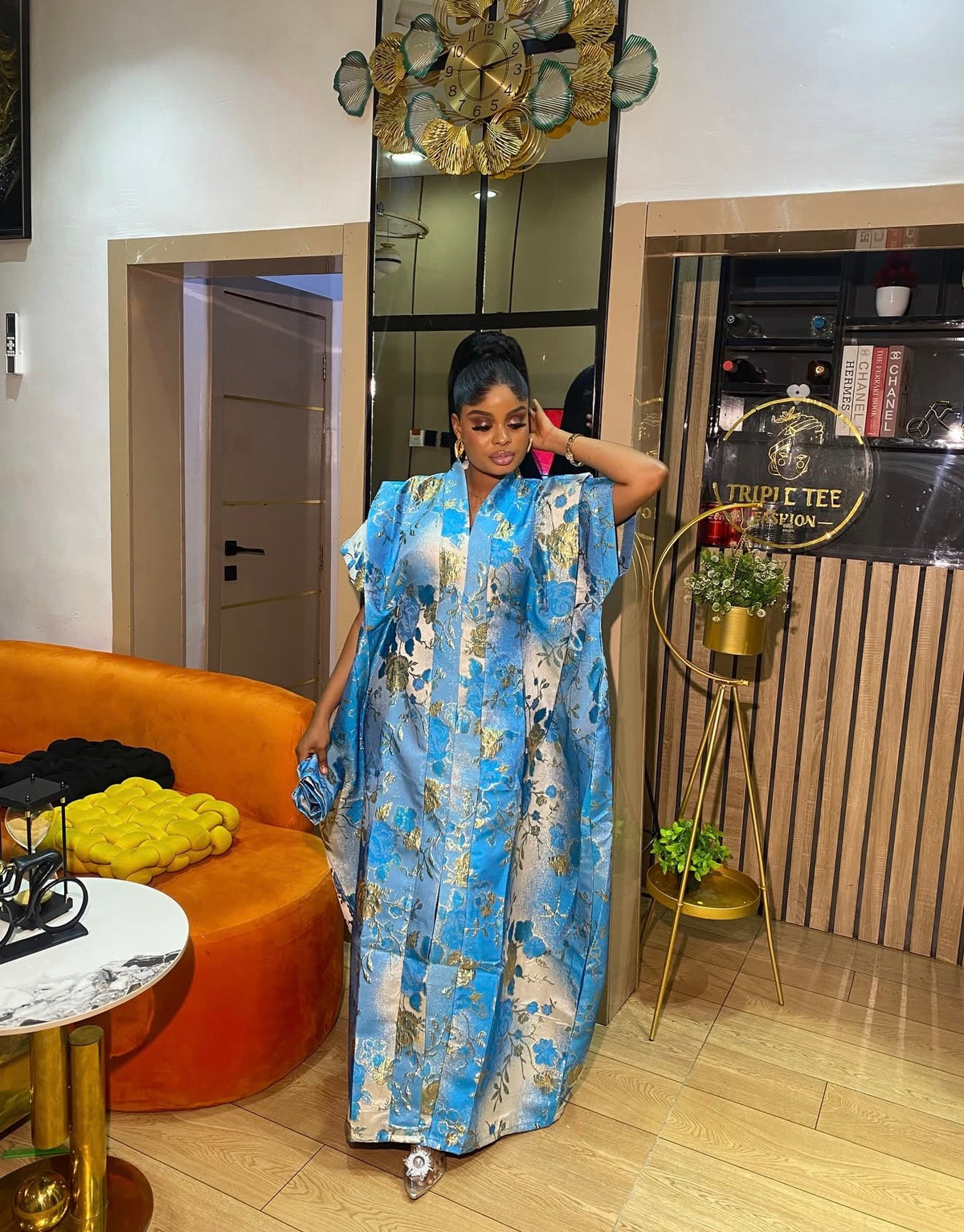 Luxury Blue & Gold Floral Brocade Boubou Dress | Elegant African Kaftan | One Size Up to US 20